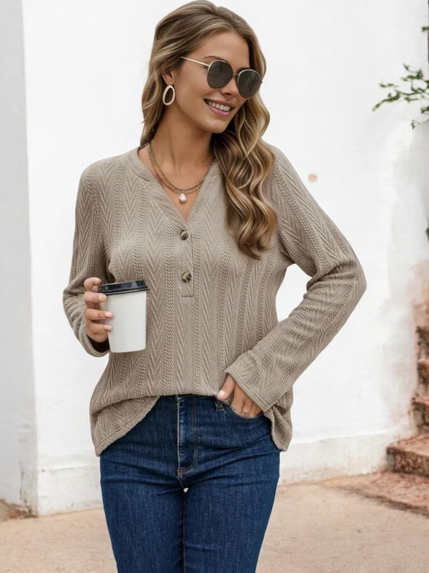 Long Sleeve V-Neck Knit Top with Button Detail