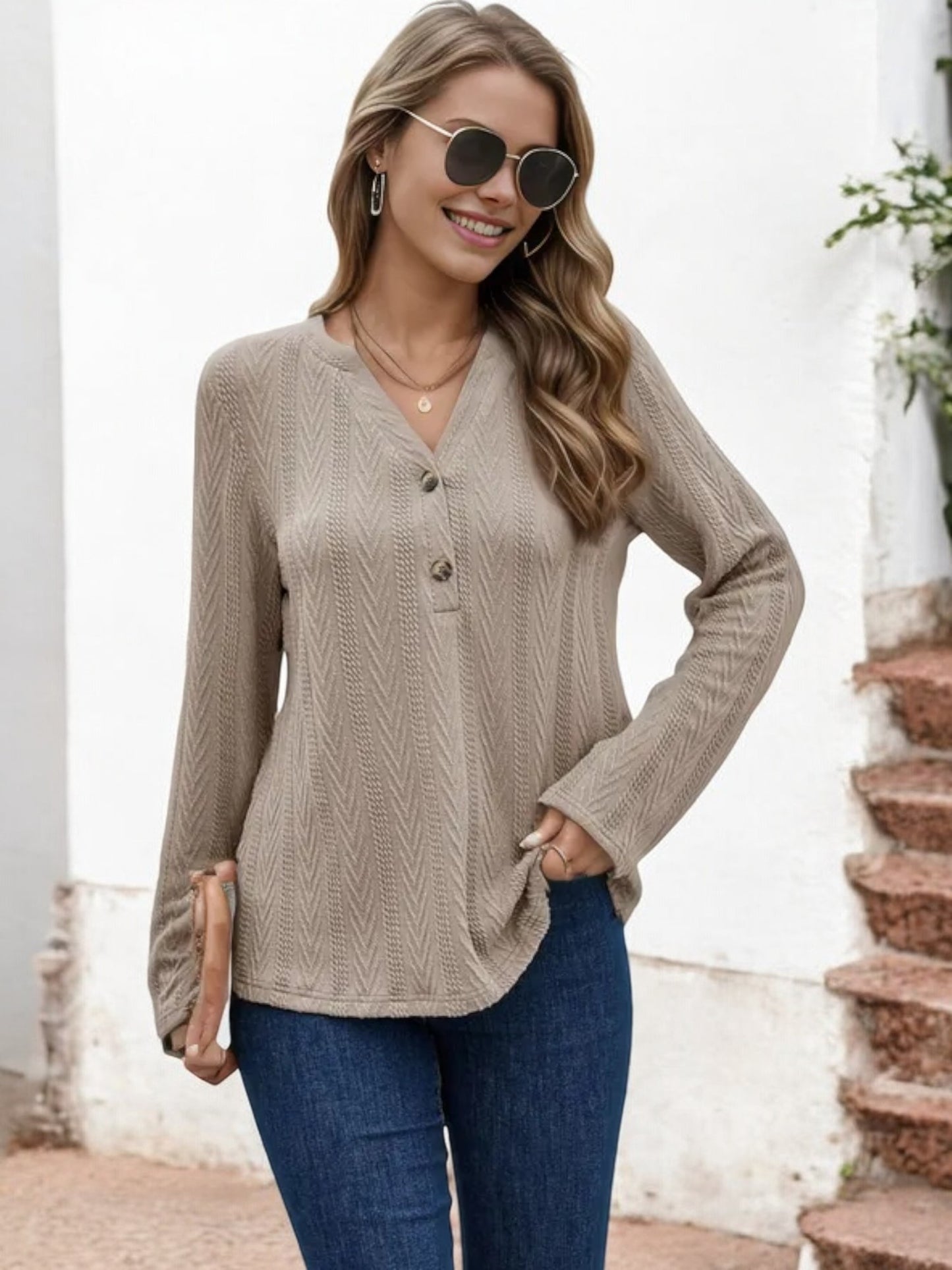 Long Sleeve V-Neck Knit Top with Button Detail
