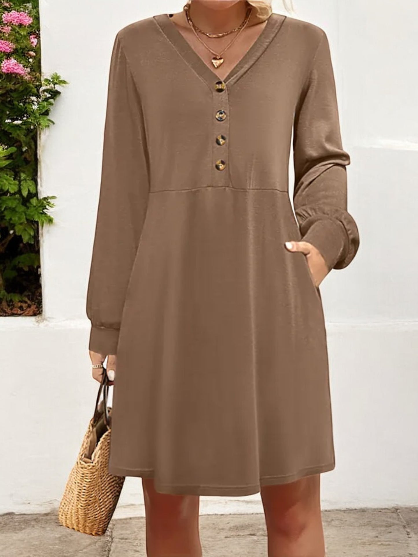 Anna-Kaci Women's V-Neck Long Sleeve Button Front Dress with Pockets and Casual Fit