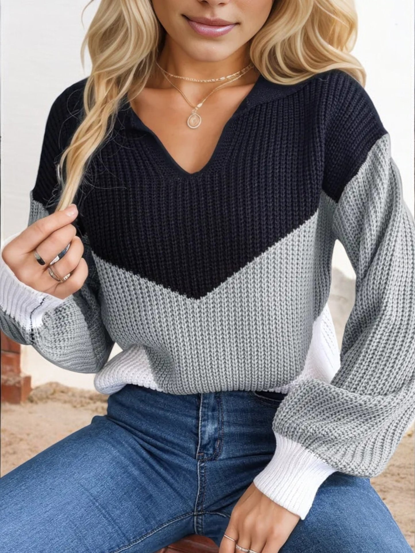 Color Block V-Neck Sweater with Long Sleeves