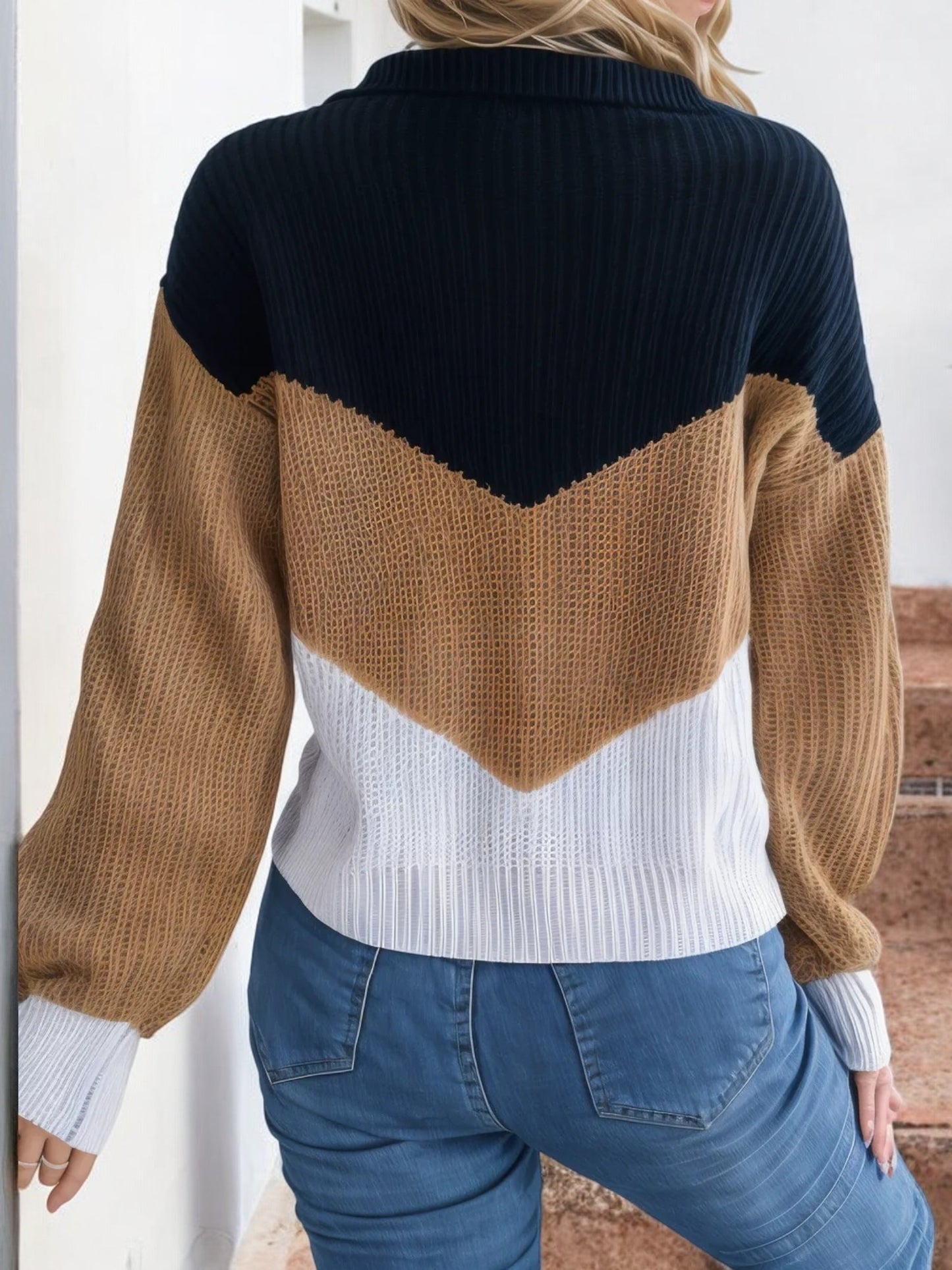 Color Block V-Neck Sweater with Long Sleeves