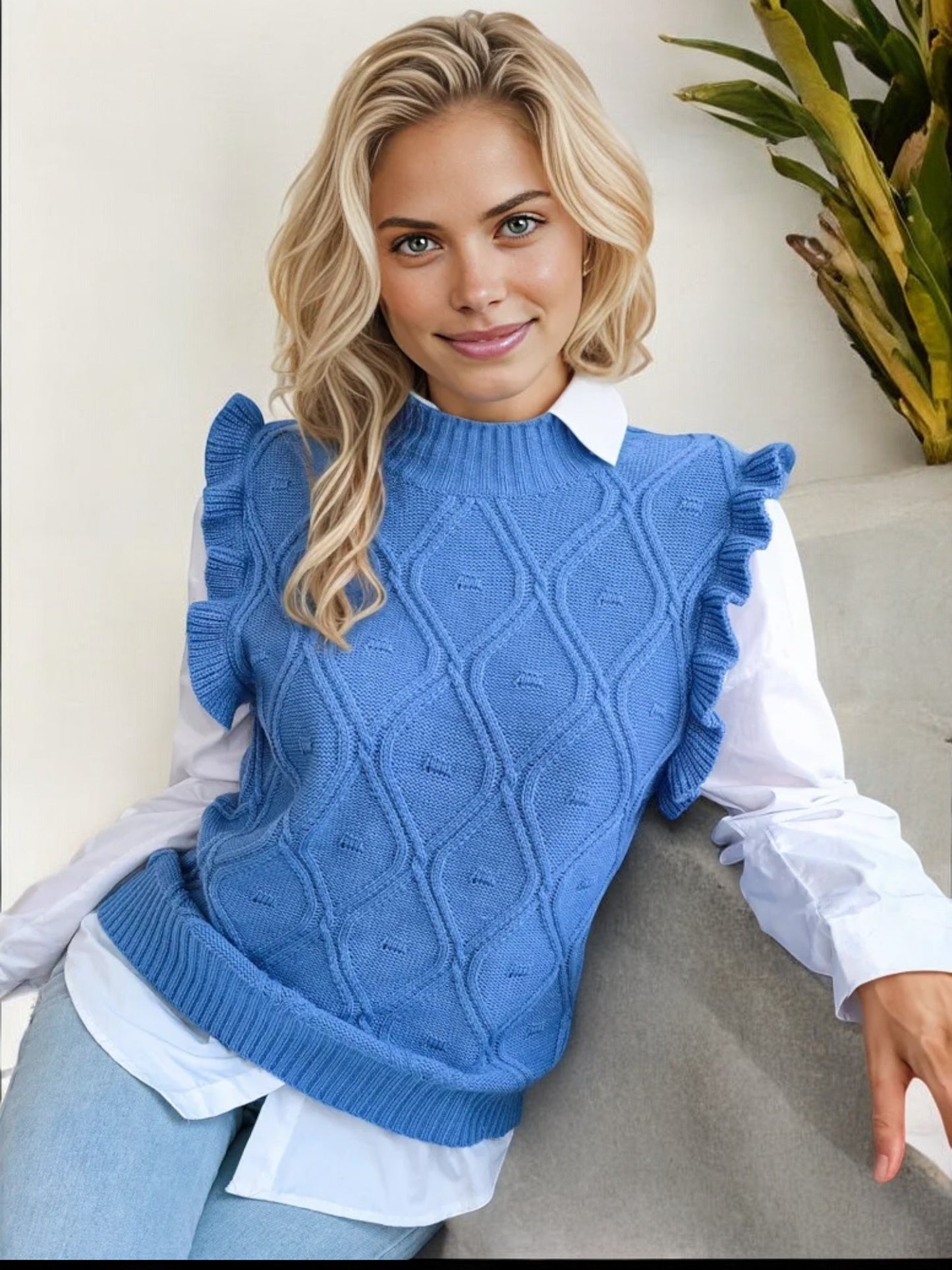Sleeveless Knit Sweater Vest with Ruffle Trim