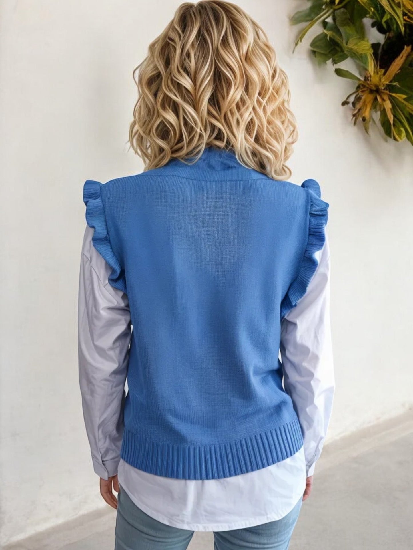 Sleeveless Knit Sweater Vest with Ruffle Trim