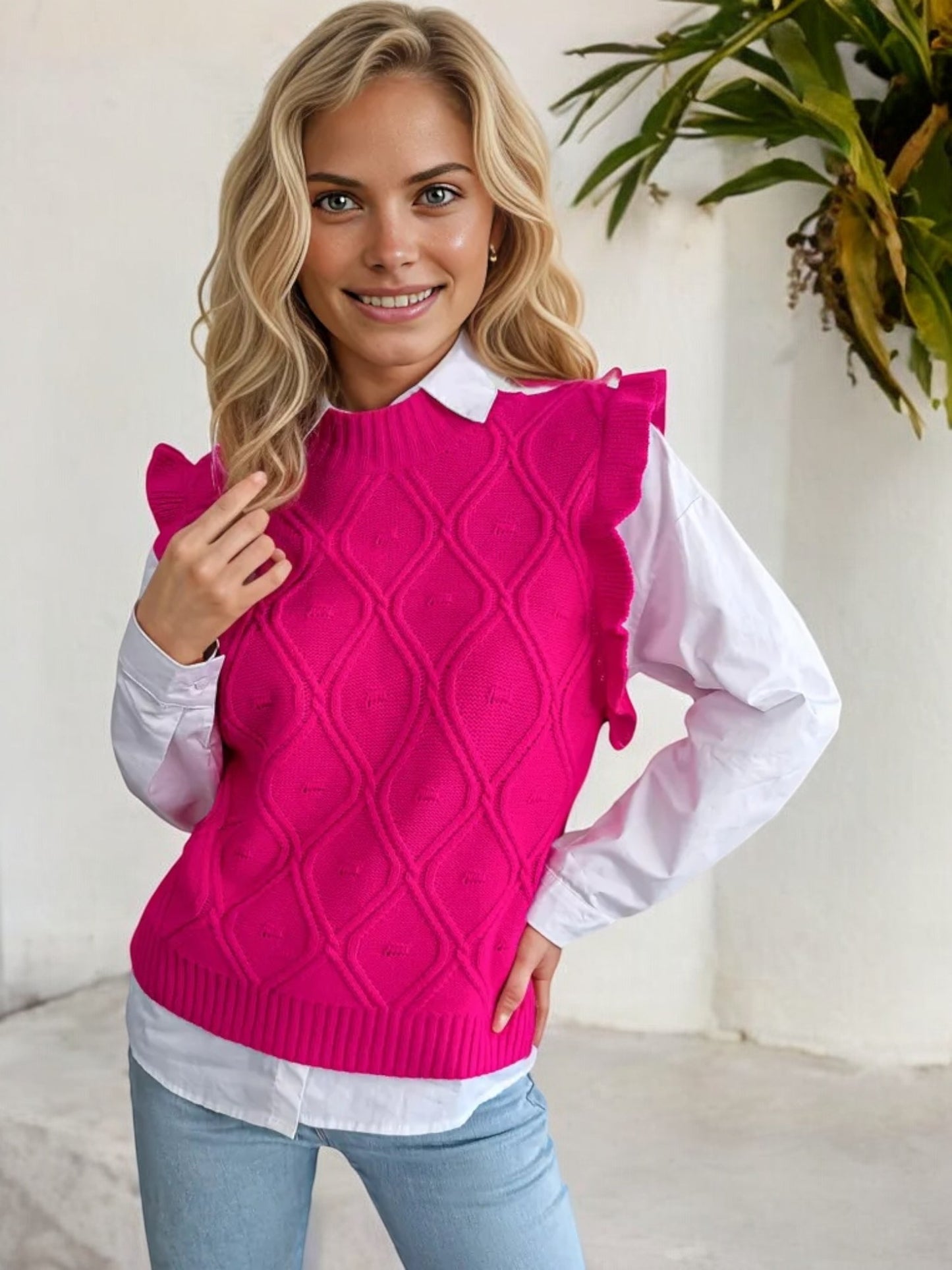 Sleeveless Knit Sweater Vest with Ruffle Trim