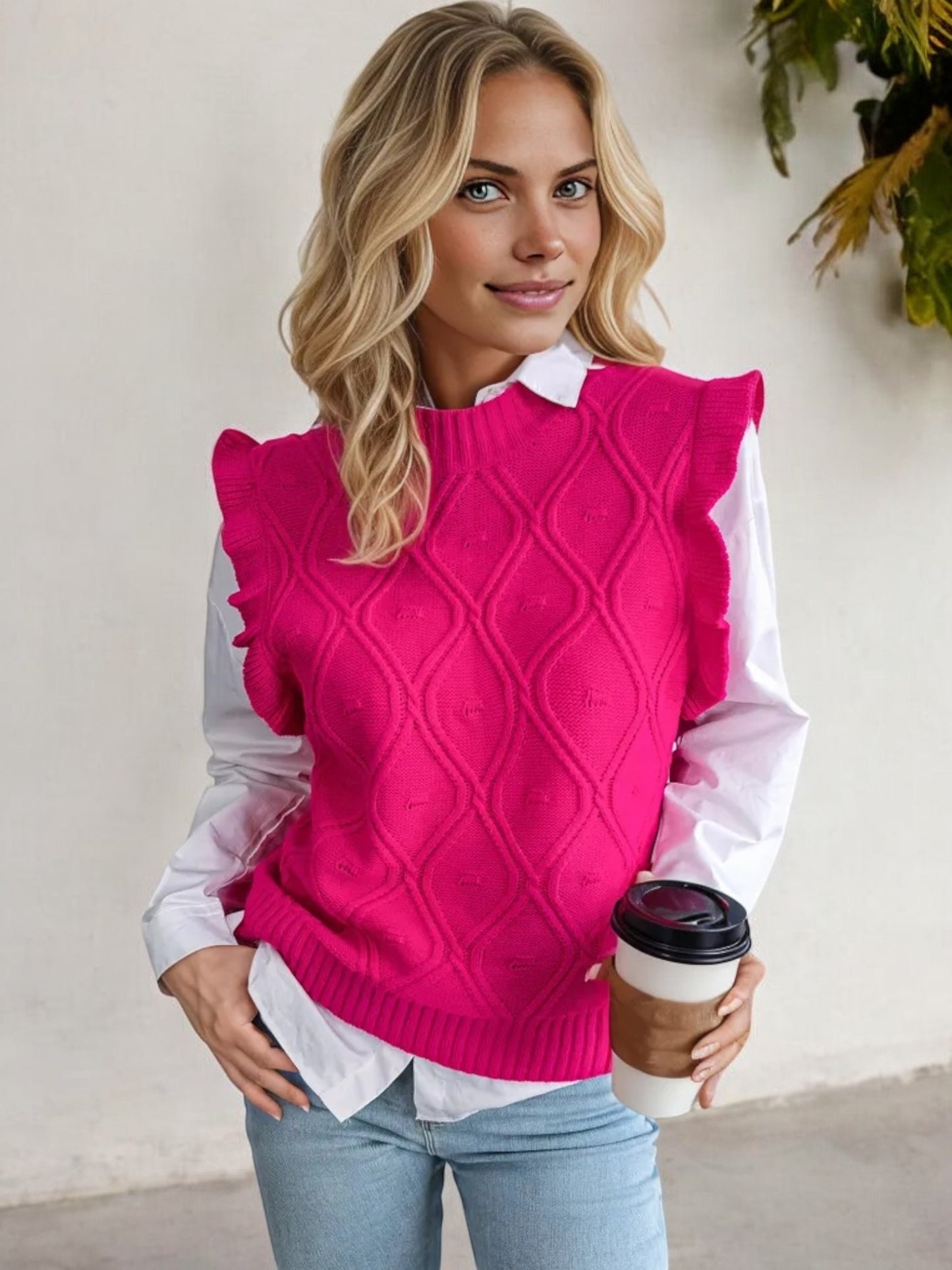 Sleeveless Knit Sweater Vest with Ruffle Trim