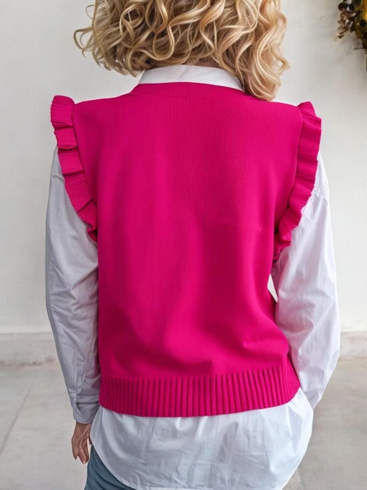 Sleeveless Knit Sweater Vest with Ruffle Trim