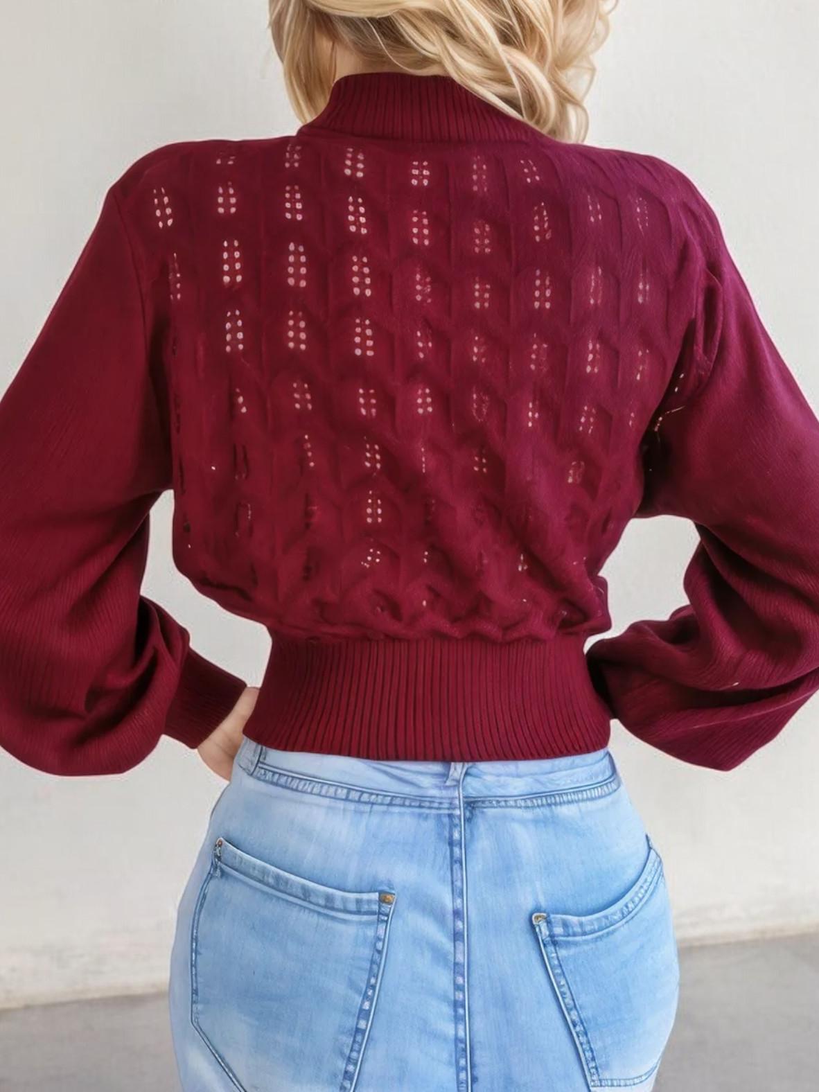 Long Sleeve Mock Neck Cropped Sweater with Eyelet Design