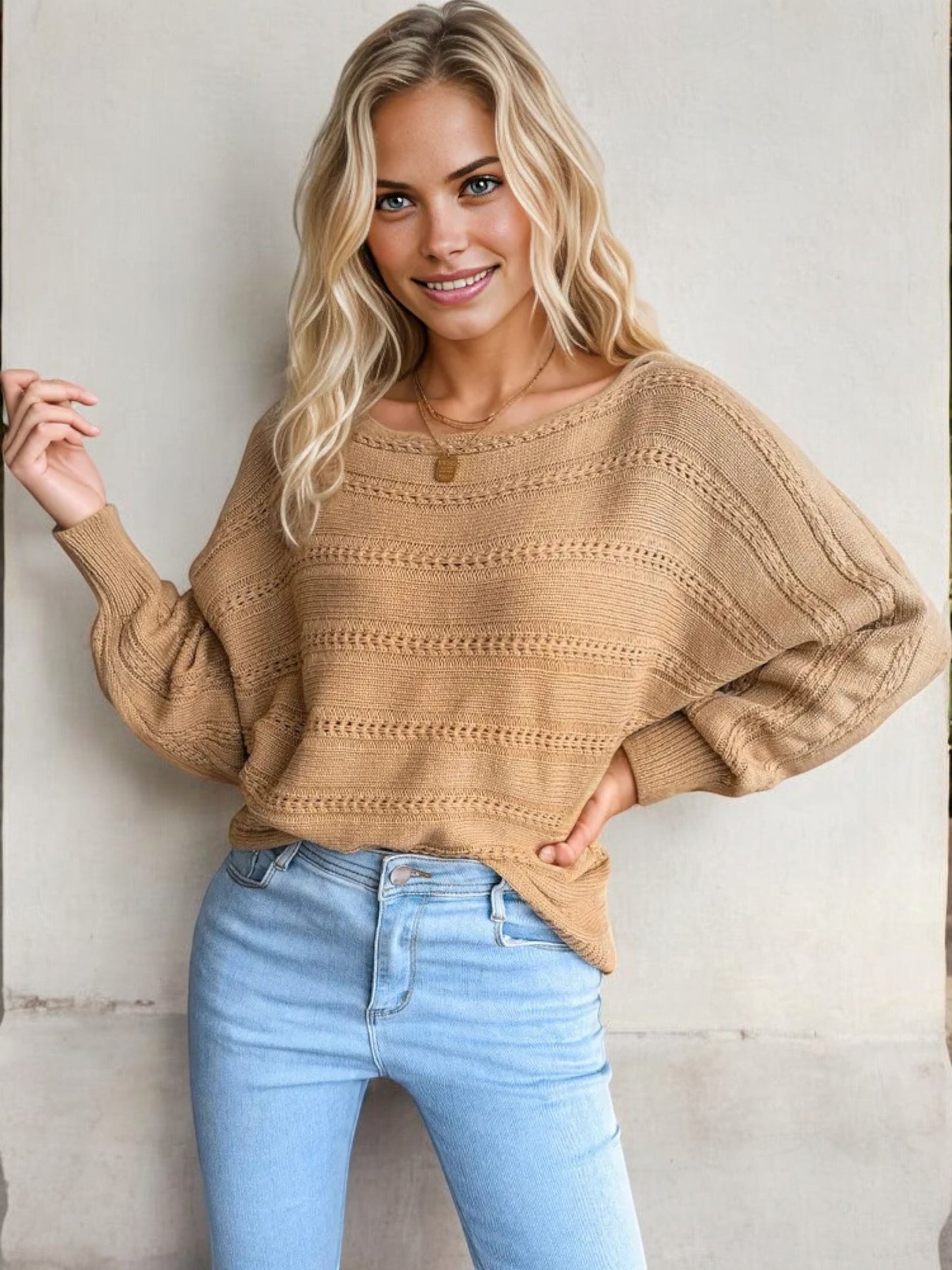 Off Shoulder Long Sleeve Knit Sweater with Eyelet Design