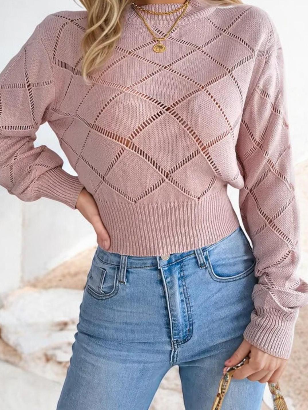 Cropped Diamond Pattern Sweater with Long Sleeves and Ribbed Hem