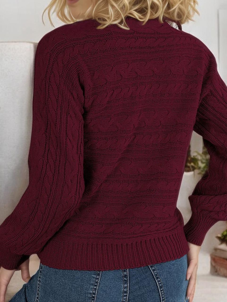 Long Sleeve Knit Sweater with Keyhole Cutout and Puff Sleeves