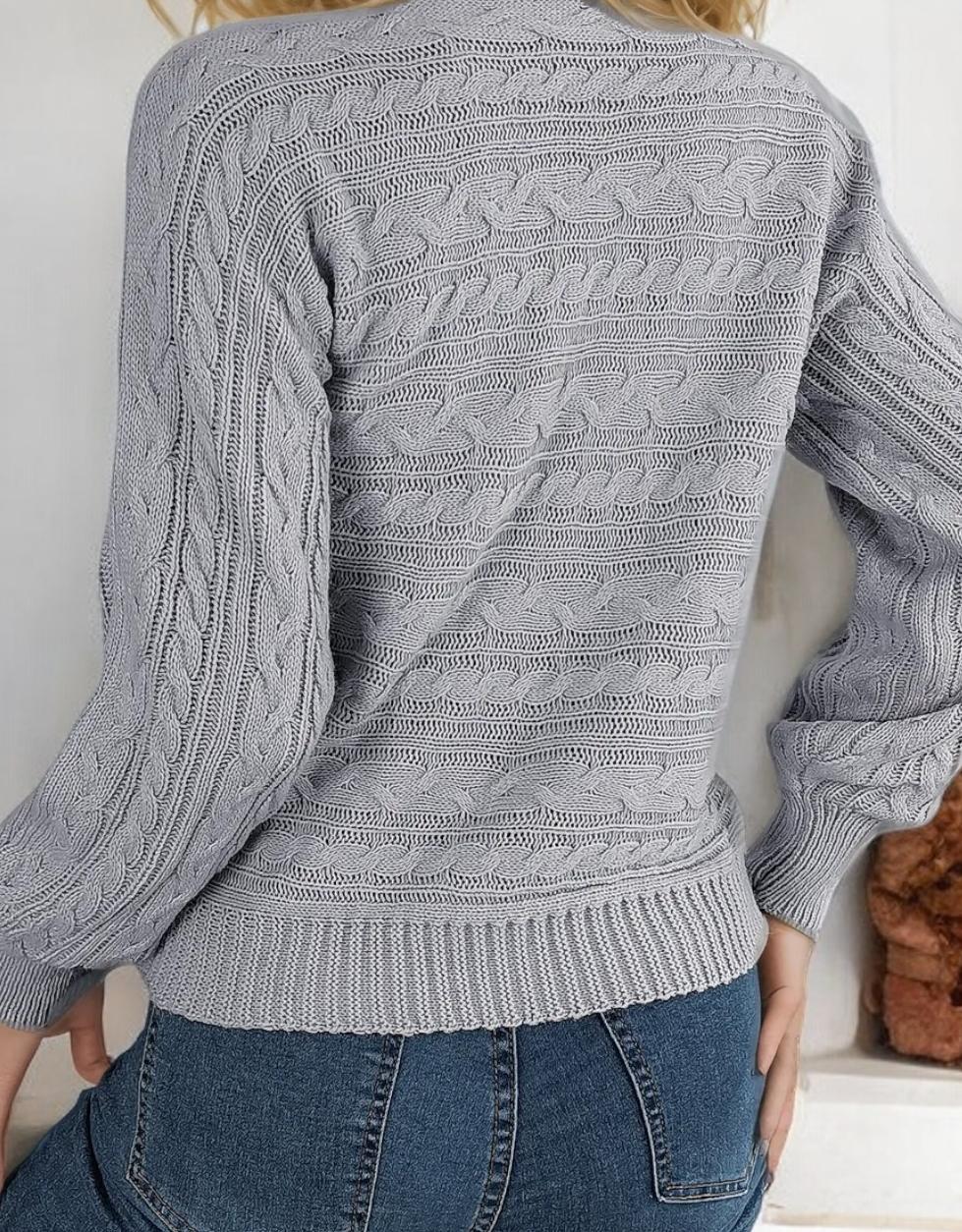Long Sleeve Knit Sweater with Keyhole Cutout and Puff Sleeves