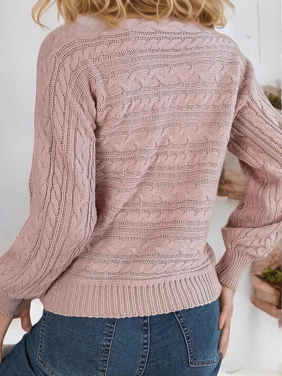 Long Sleeve Knit Sweater with Keyhole Cutout and Puff Sleeves