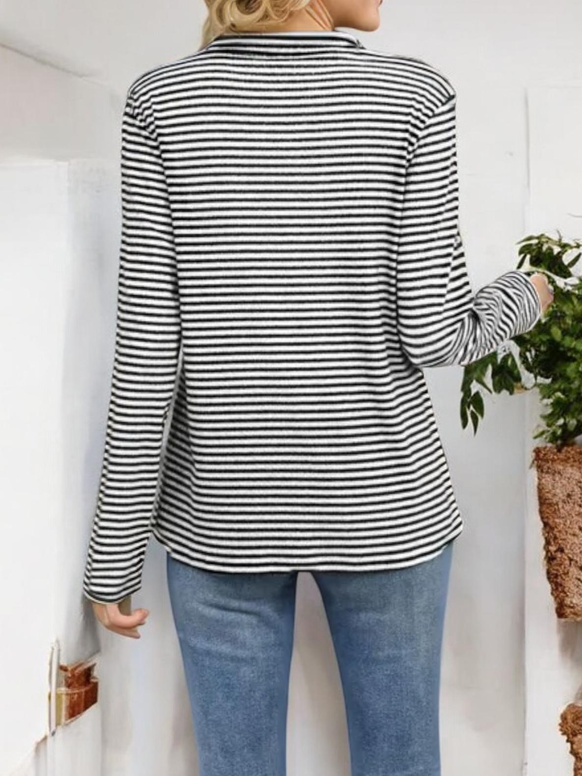 Striped Long Sleeve Top with Buttoned V-Neckline