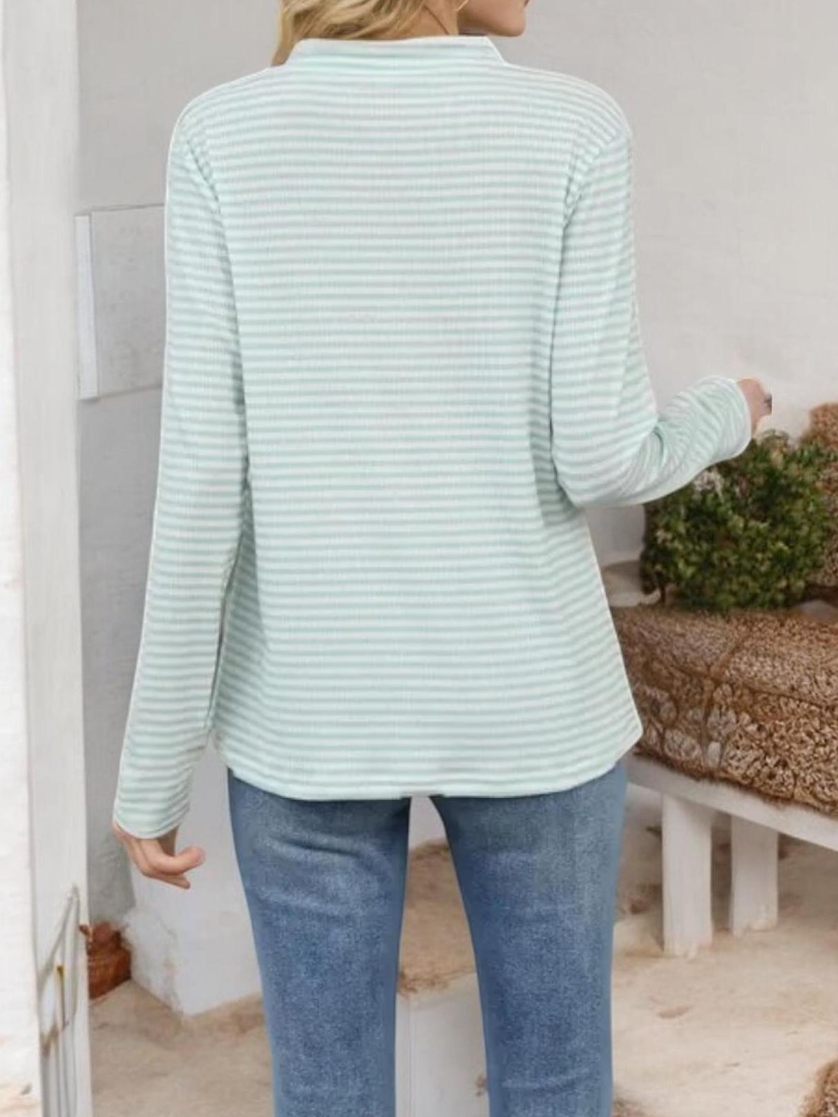 Striped Long Sleeve Top with Buttoned V-Neckline