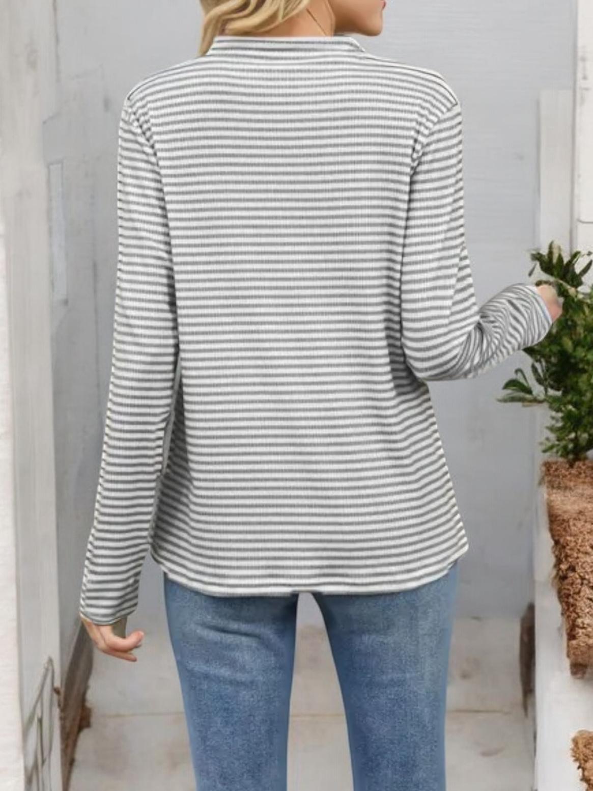 Striped Long Sleeve Top with Buttoned V-Neckline
