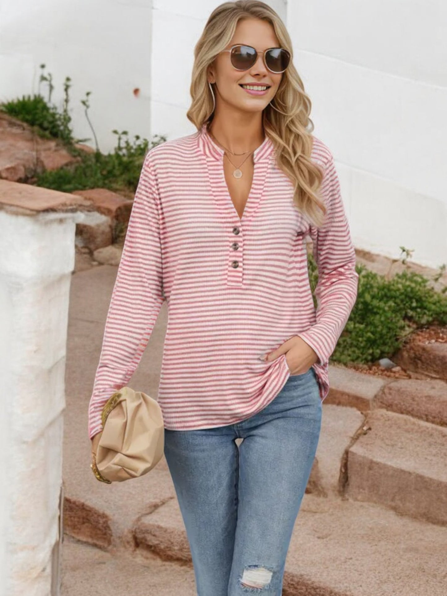 Striped Long Sleeve Top with Buttoned V-Neckline
