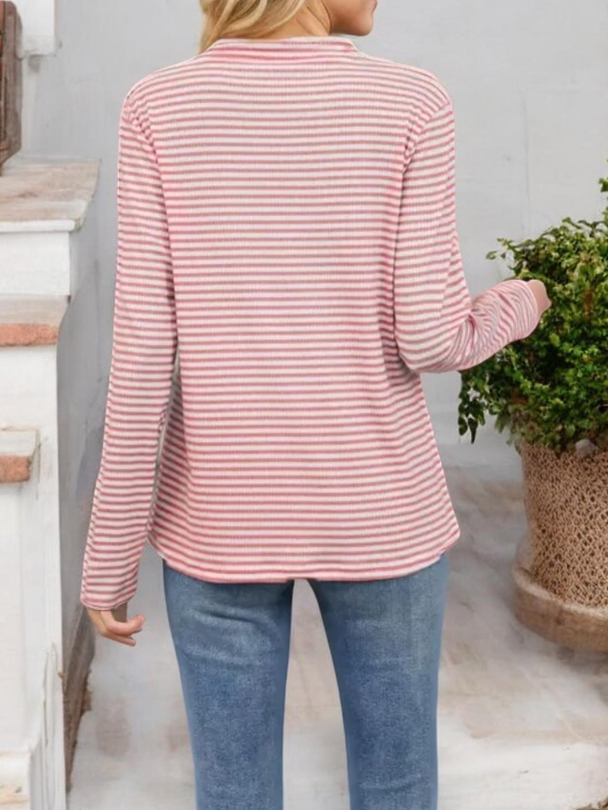 Striped Long Sleeve Top with Buttoned V-Neckline
