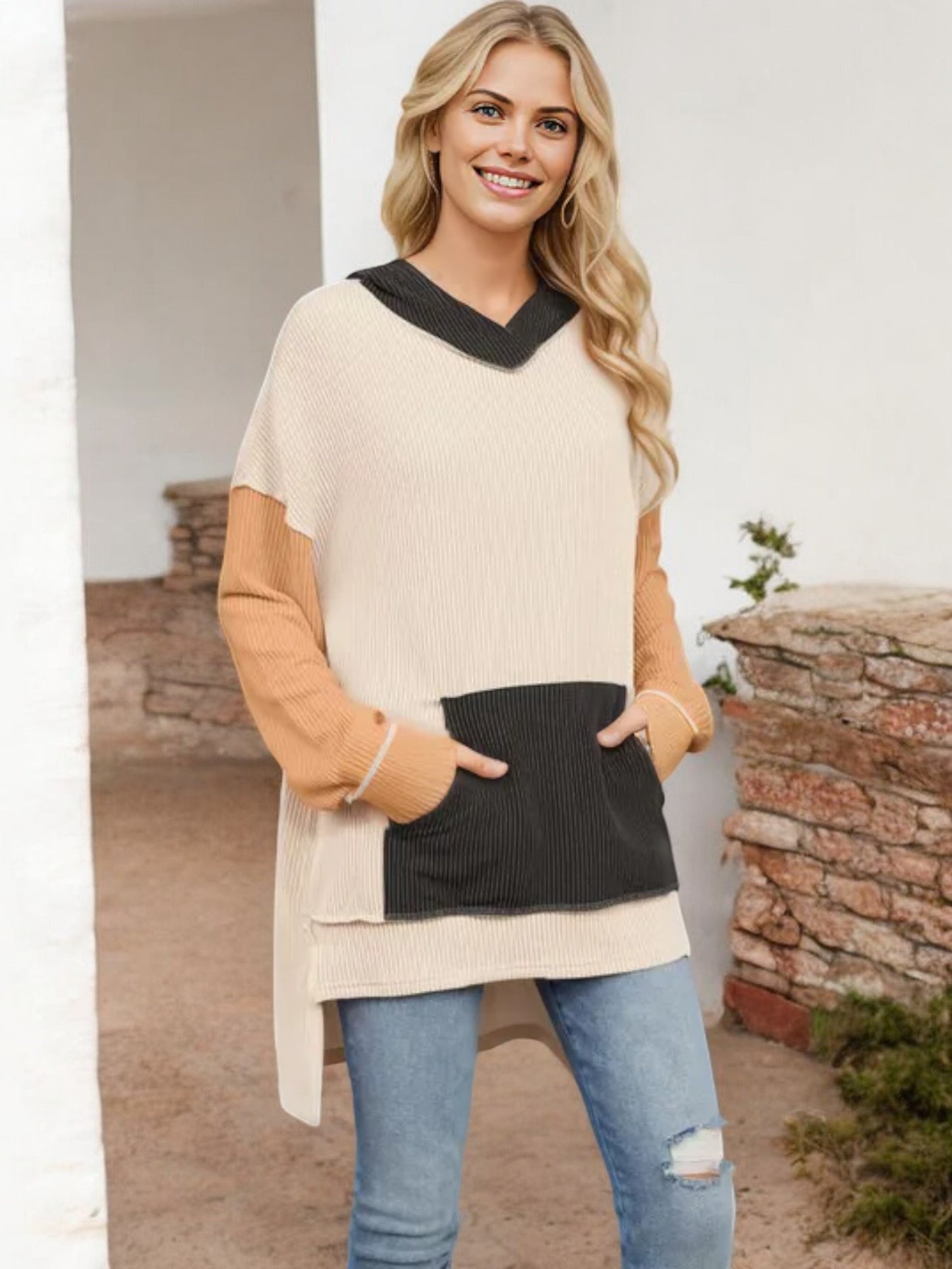 Color Block V-Neck Sweater with Long Sleeves and Front Pocket