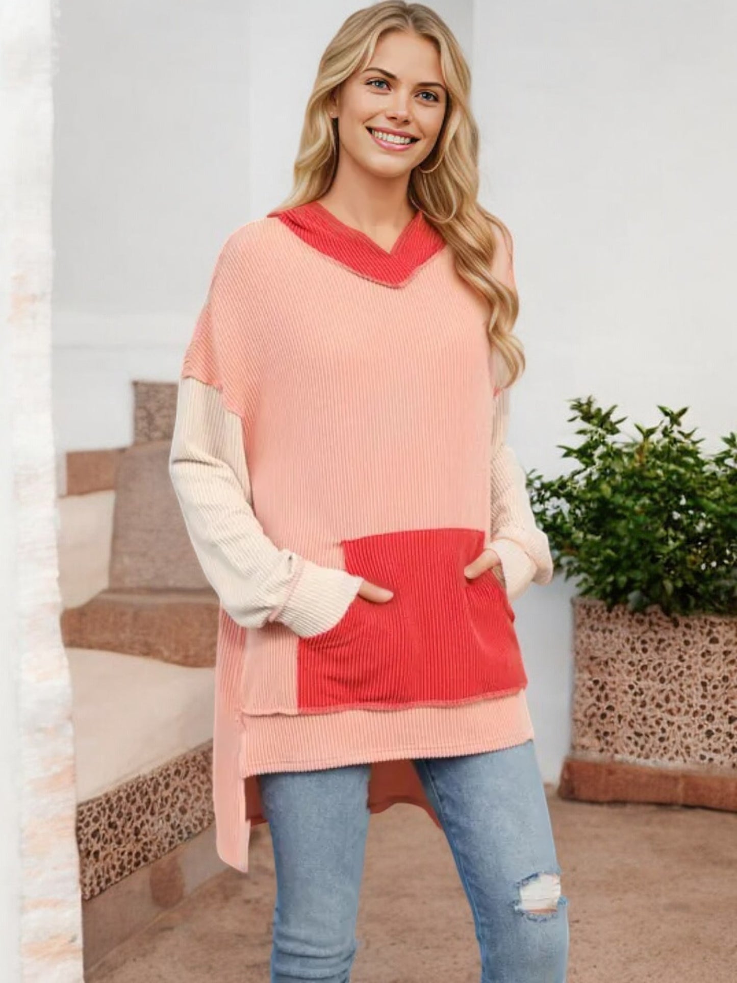 Color Block V-Neck Sweater with Long Sleeves and Front Pocket