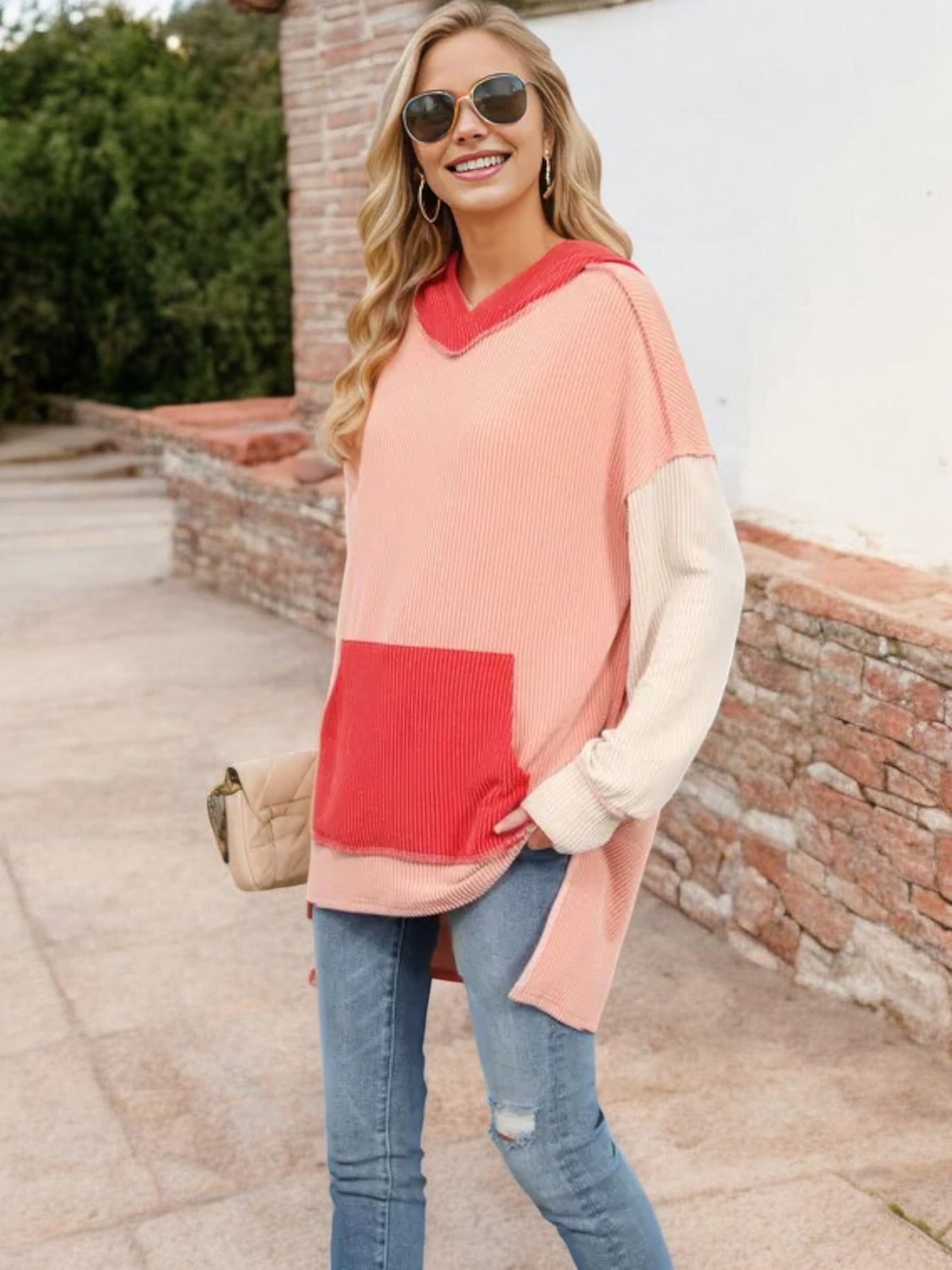 Color Block V-Neck Sweater with Long Sleeves and Front Pocket