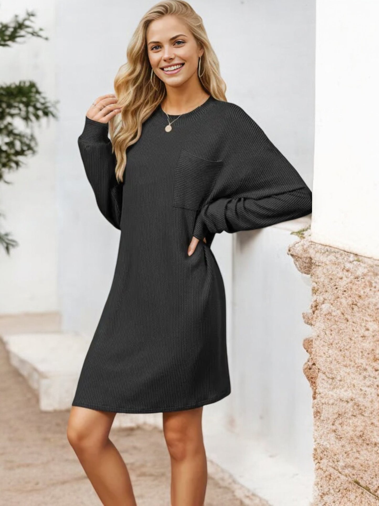 Long Sleeve Ribbed Knit Dress with Front Pocket Detail