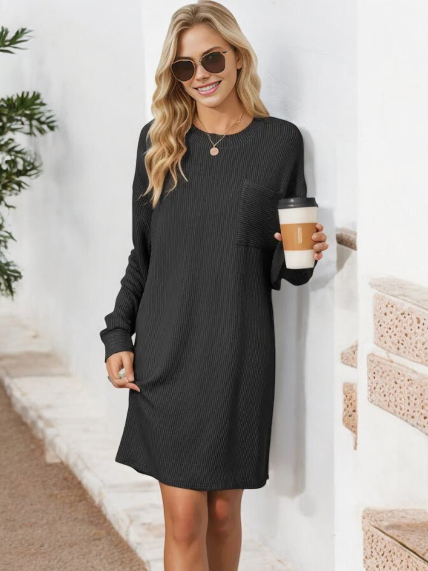 Long Sleeve Ribbed Knit Dress with Front Pocket Detail