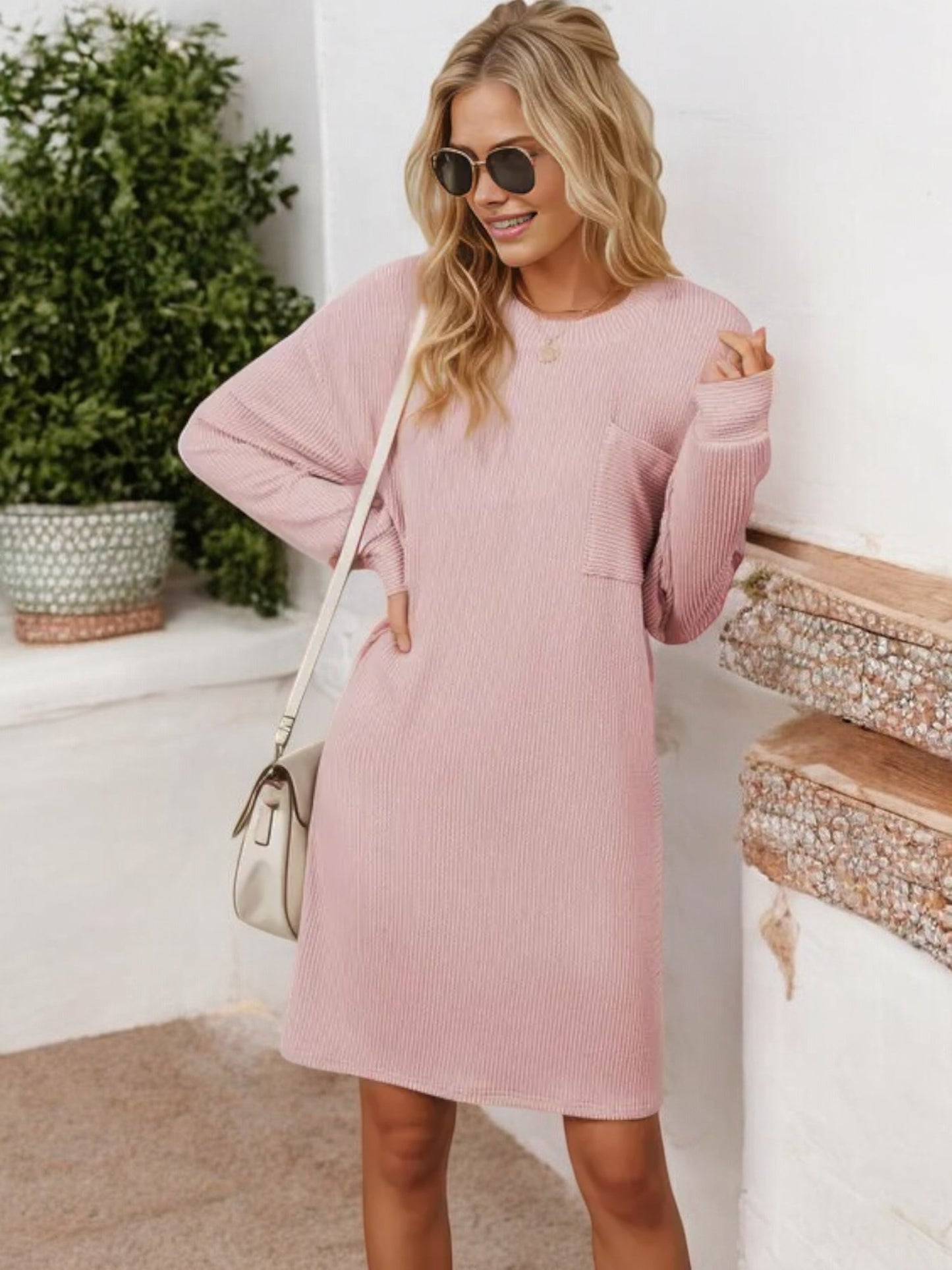 Long Sleeve Ribbed Knit Dress with Front Pocket Detail