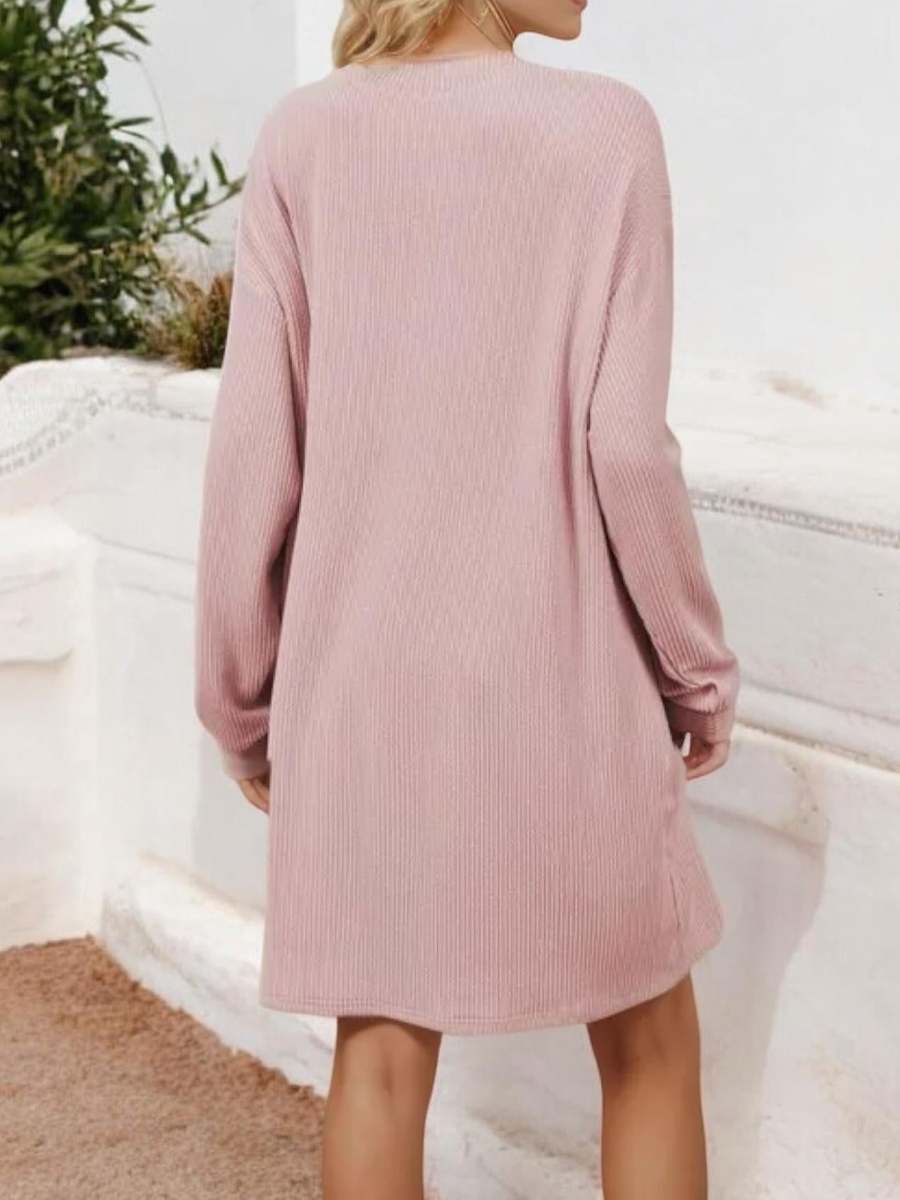Long Sleeve Ribbed Knit Dress with Front Pocket Detail