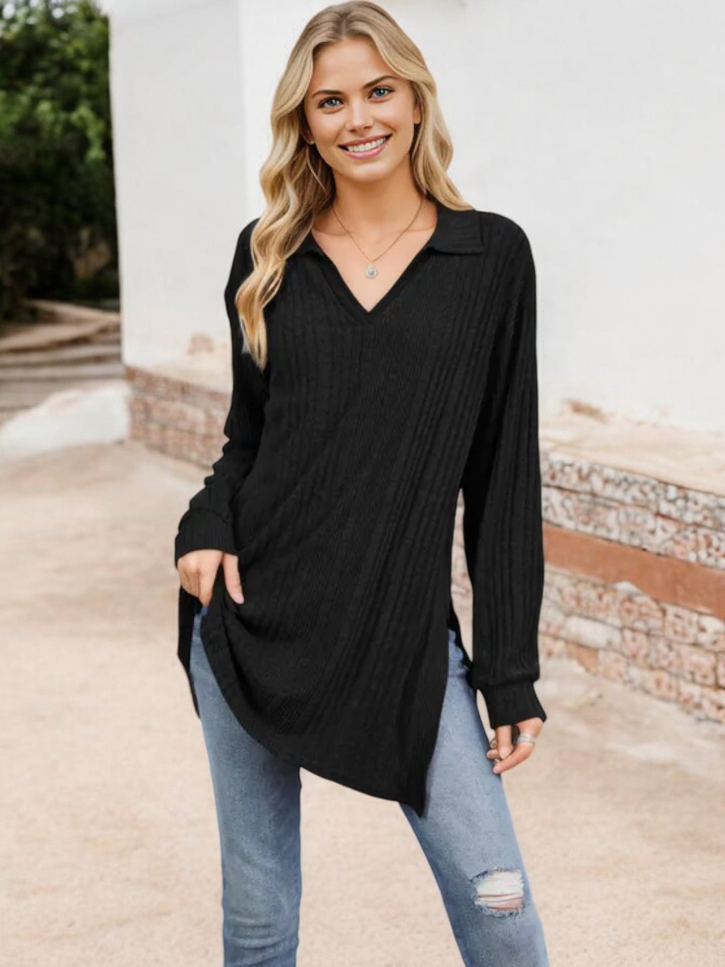 Long Sleeve Collared Ribbed Knit Sweater with Side Slits