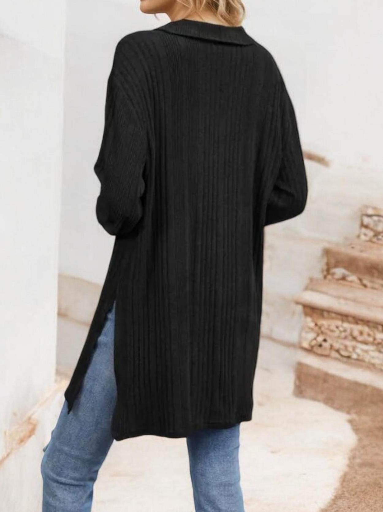 Long Sleeve Collared Ribbed Knit Sweater with Side Slits