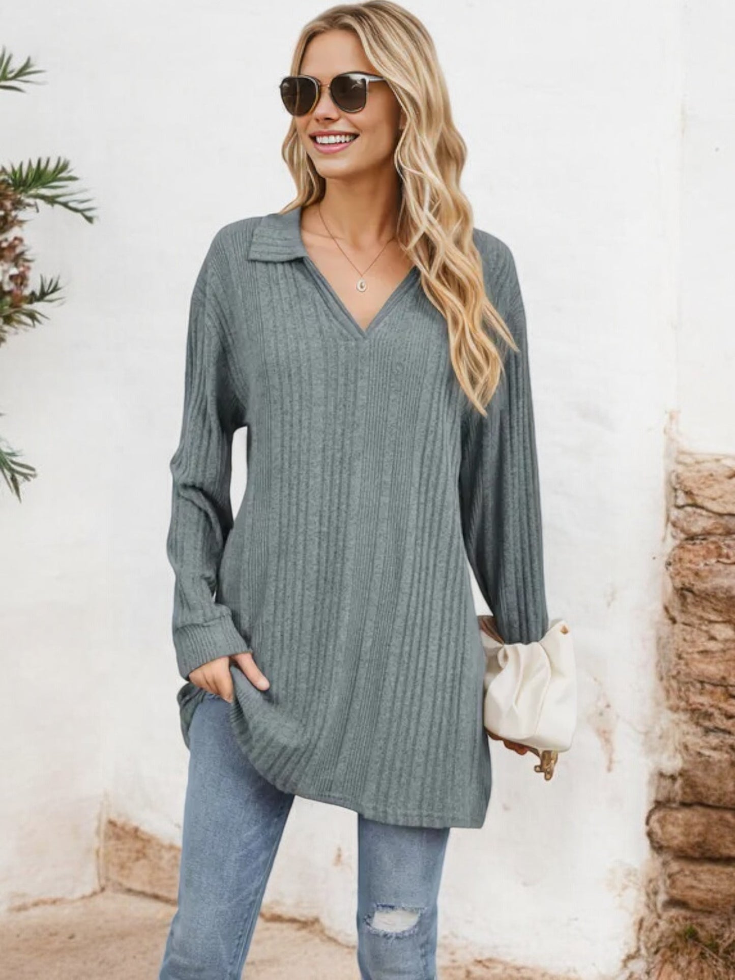 Long Sleeve Collared Ribbed Knit Sweater with Side Slits