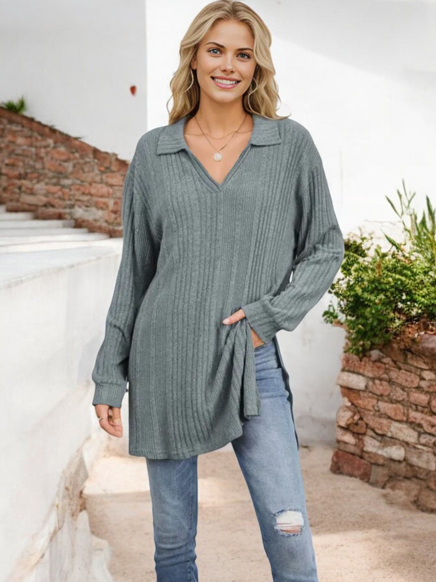 Long Sleeve Collared Ribbed Knit Sweater with Side Slits
