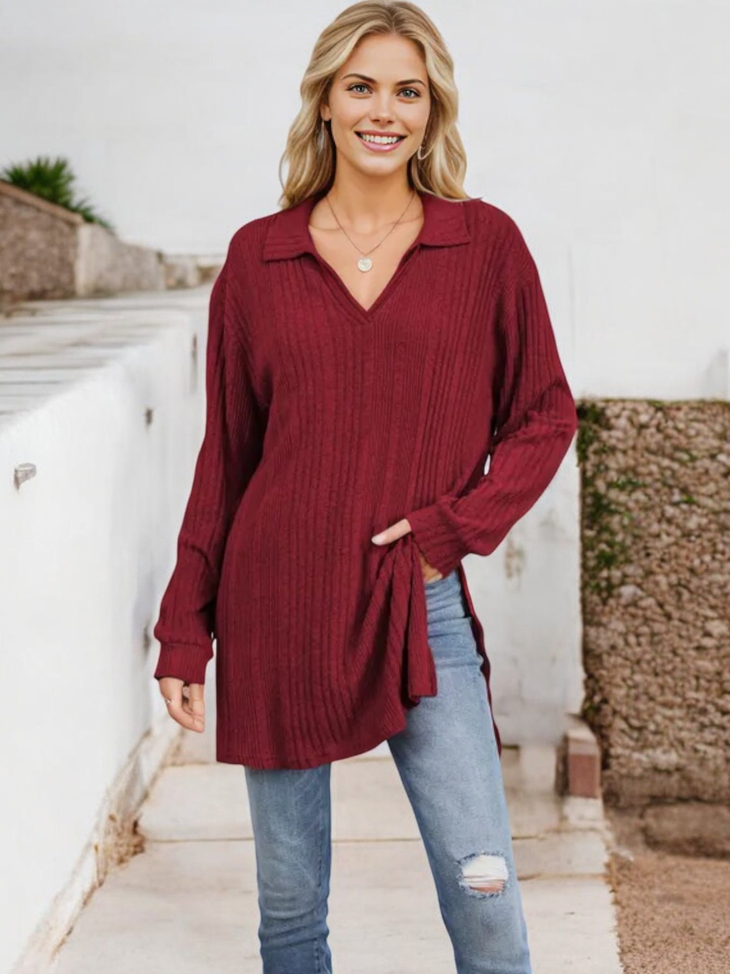 Long Sleeve Collared Ribbed Knit Sweater with Side Slits
