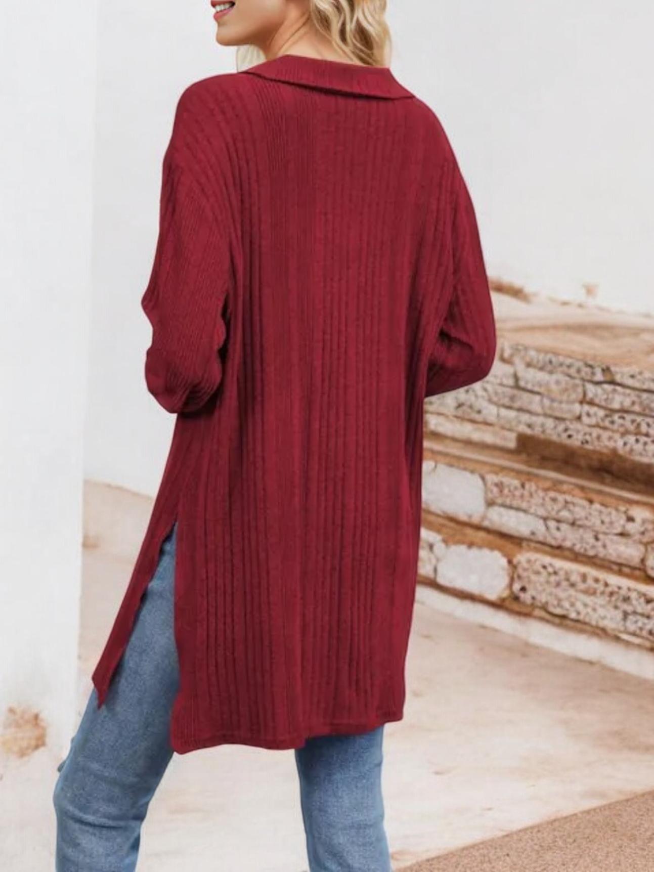 Long Sleeve Collared Ribbed Knit Sweater with Side Slits