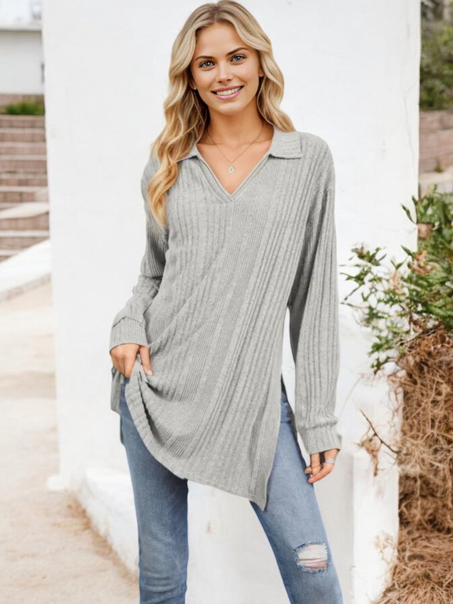 Long Sleeve Collared Ribbed Knit Sweater with Side Slits