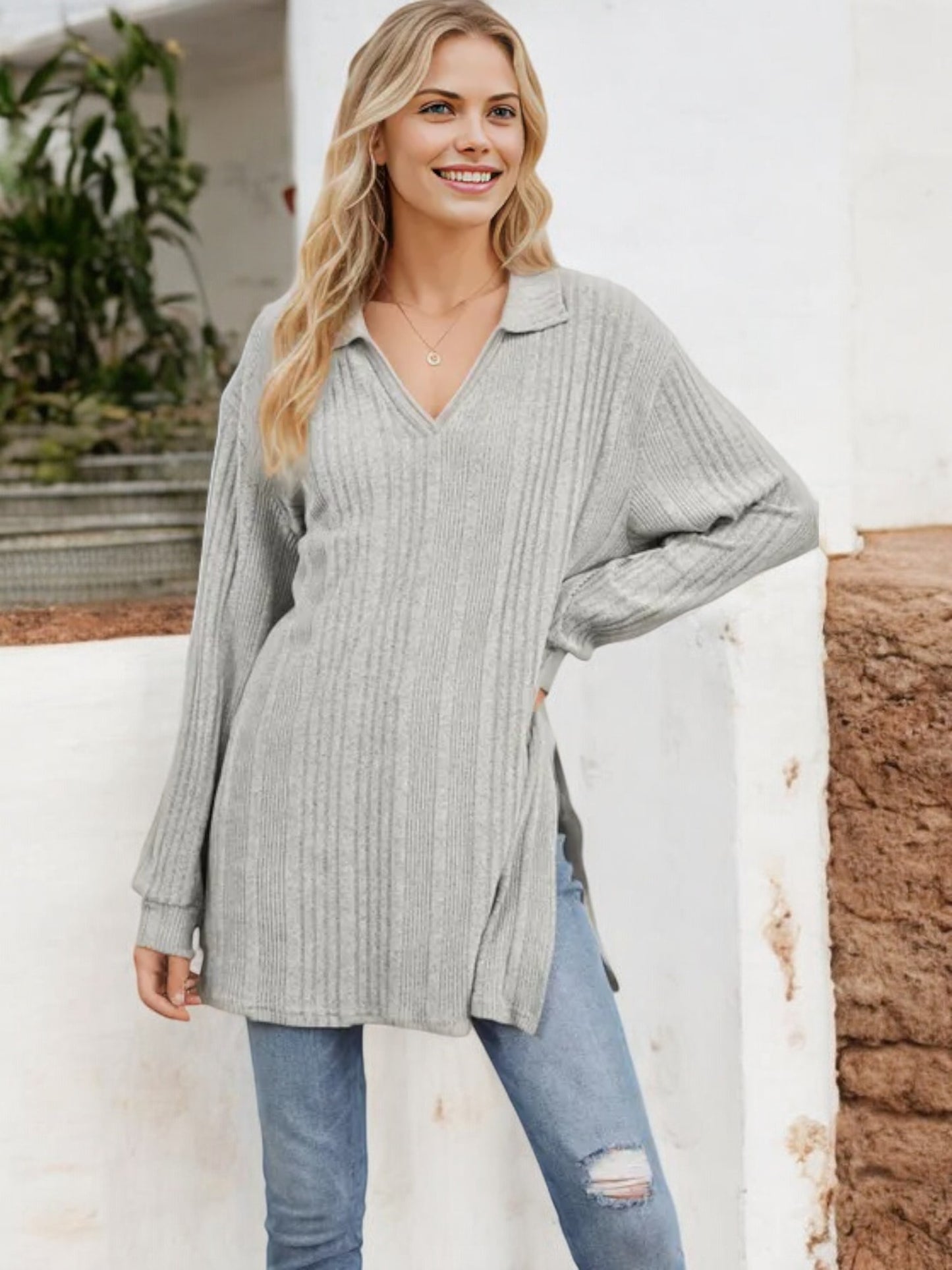 Long Sleeve Collared Ribbed Knit Sweater with Side Slits