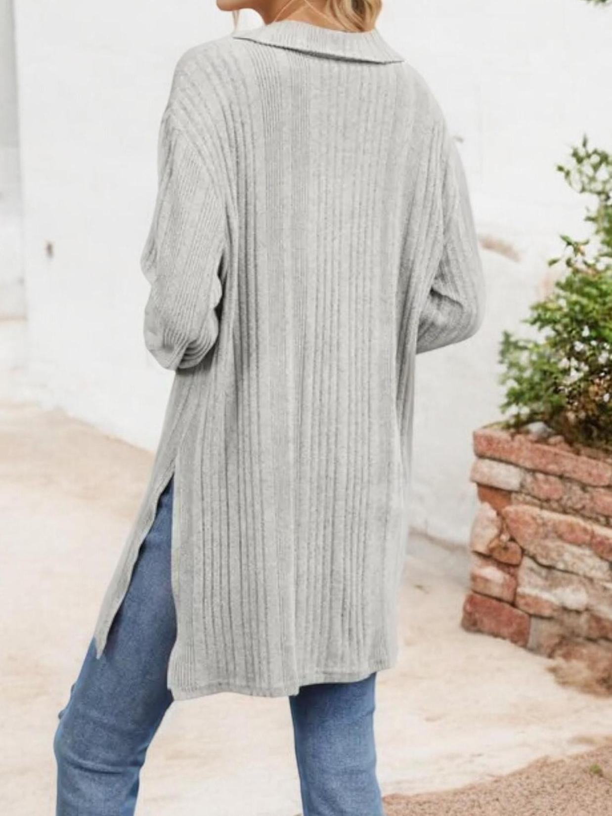 Long Sleeve Collared Ribbed Knit Sweater with Side Slits