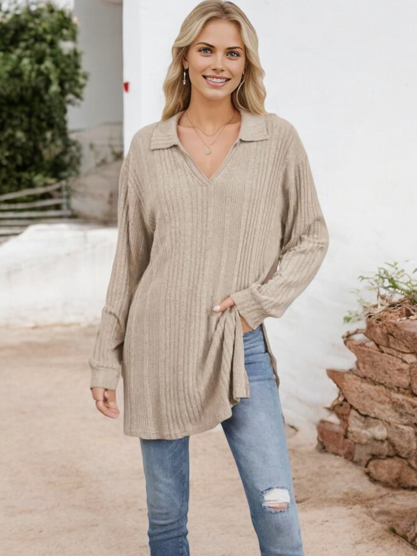 Long Sleeve Collared Ribbed Knit Sweater with Side Slits