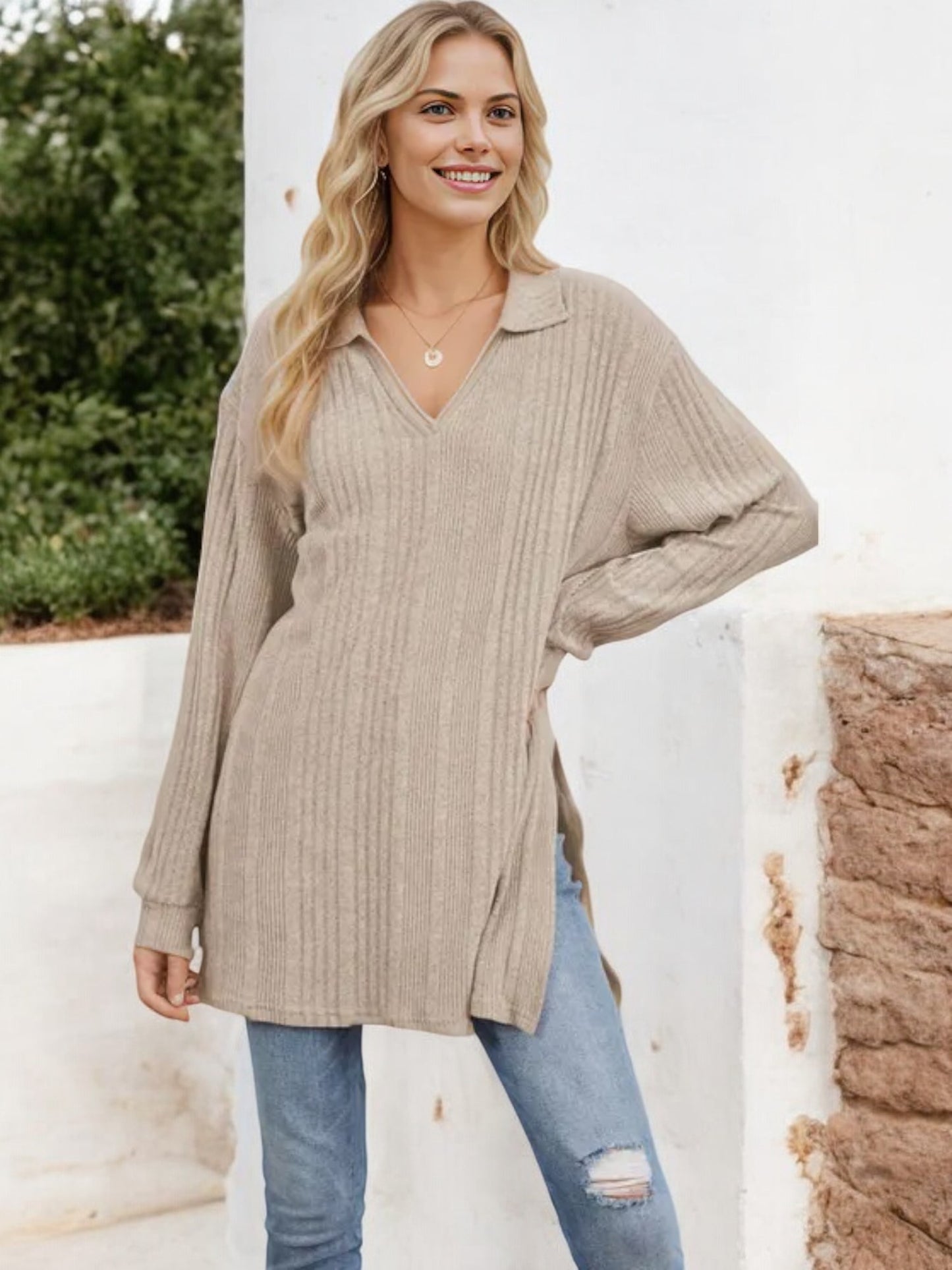 Long Sleeve Collared Ribbed Knit Sweater with Side Slits