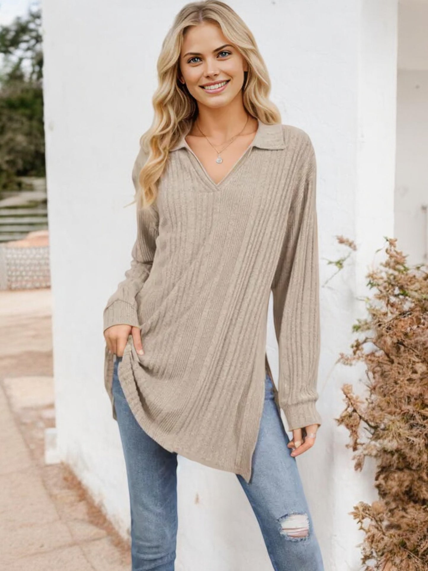 Long Sleeve Collared Ribbed Knit Sweater with Side Slits