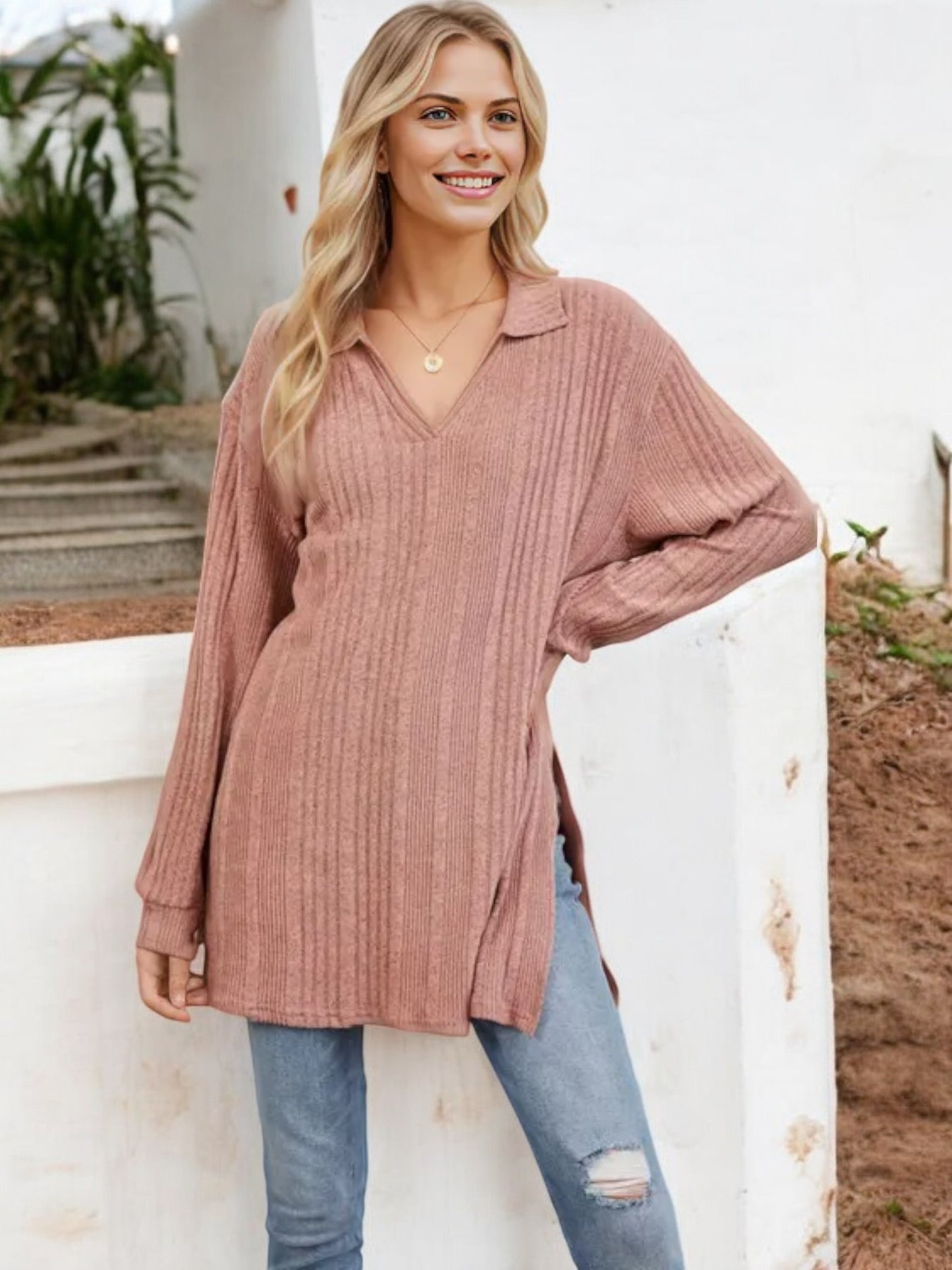 Long Sleeve Collared Ribbed Knit Sweater with Side Slits