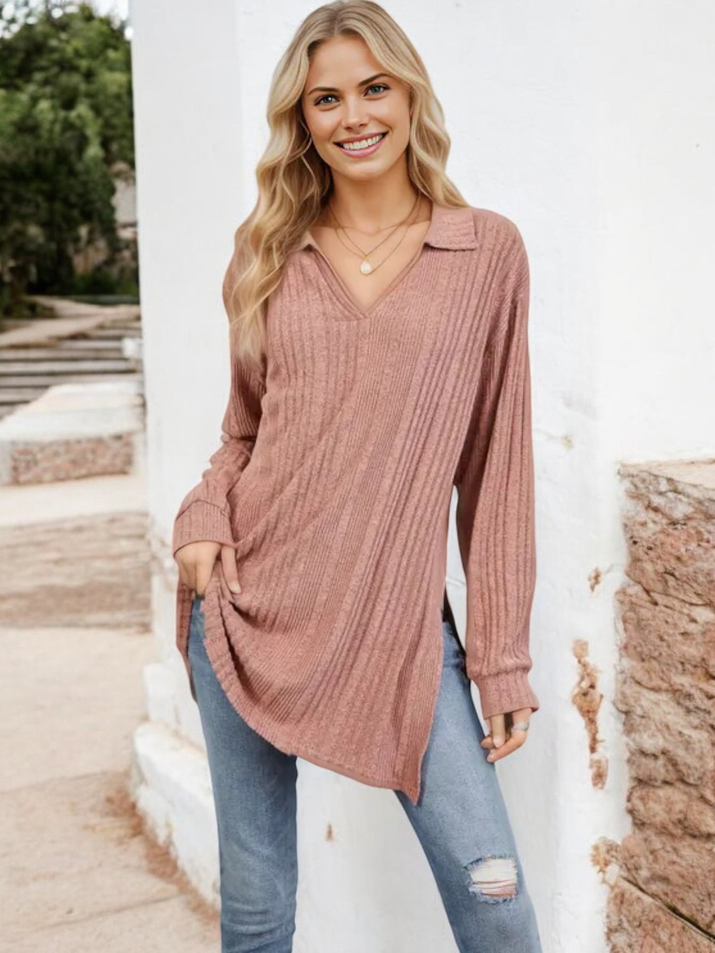 Long Sleeve Collared Ribbed Knit Sweater with Side Slits