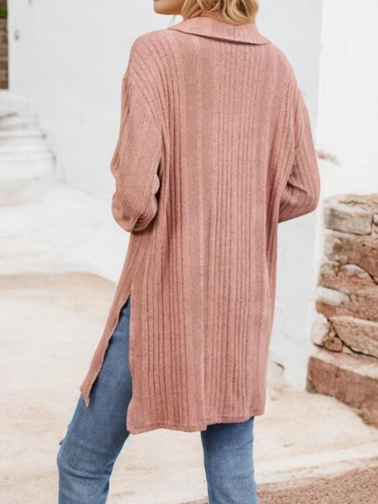 Long Sleeve Collared Ribbed Knit Sweater with Side Slits