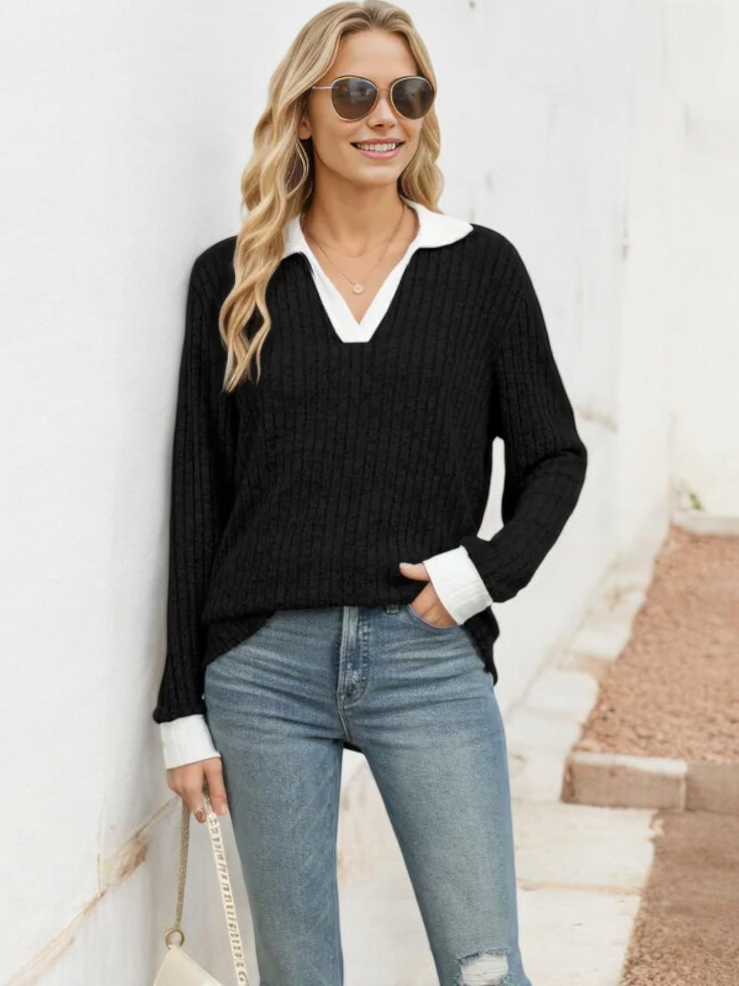 Collared Ribbed Knit Sweater with Contrast Trim Cuffs