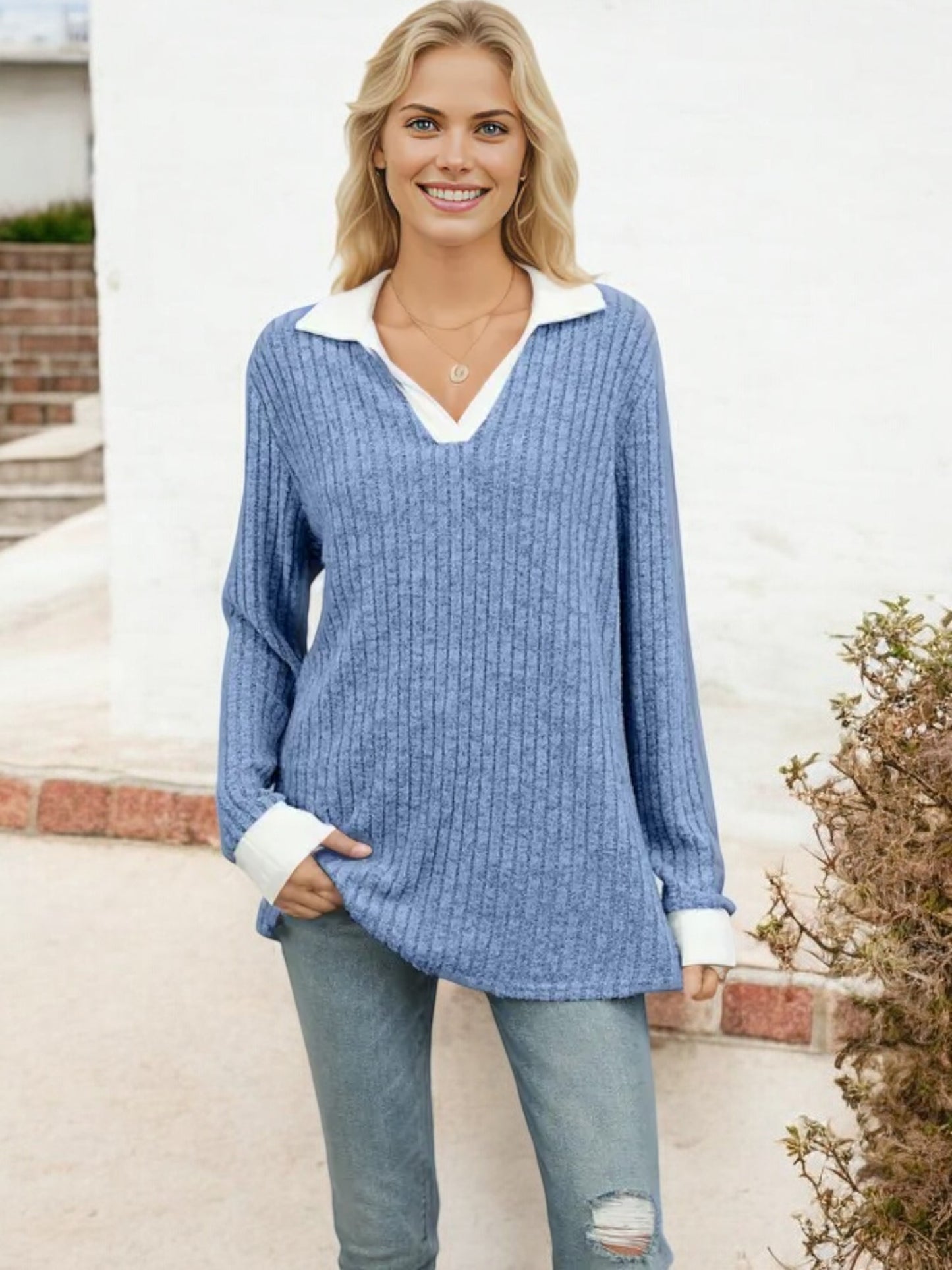 Collared Ribbed Knit Sweater with Contrast Trim Cuffs