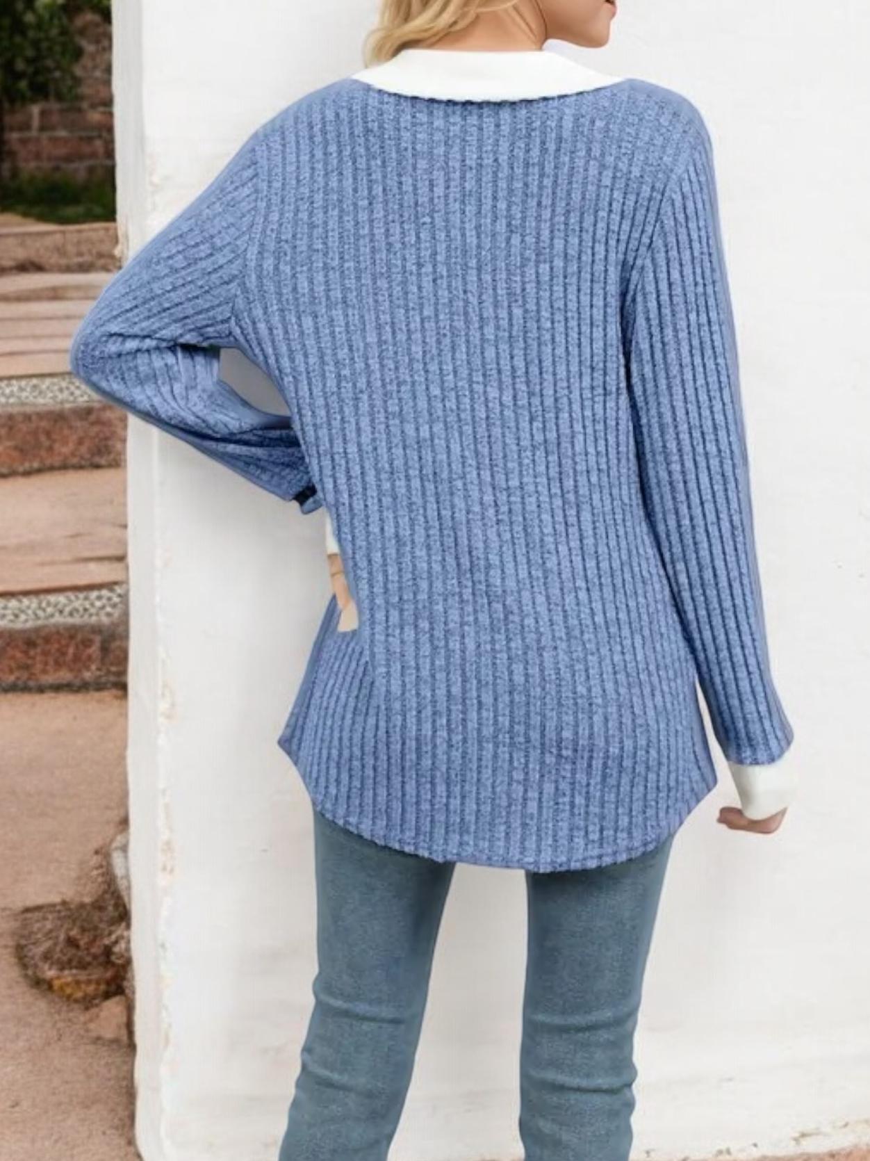 Collared Ribbed Knit Sweater with Contrast Trim Cuffs