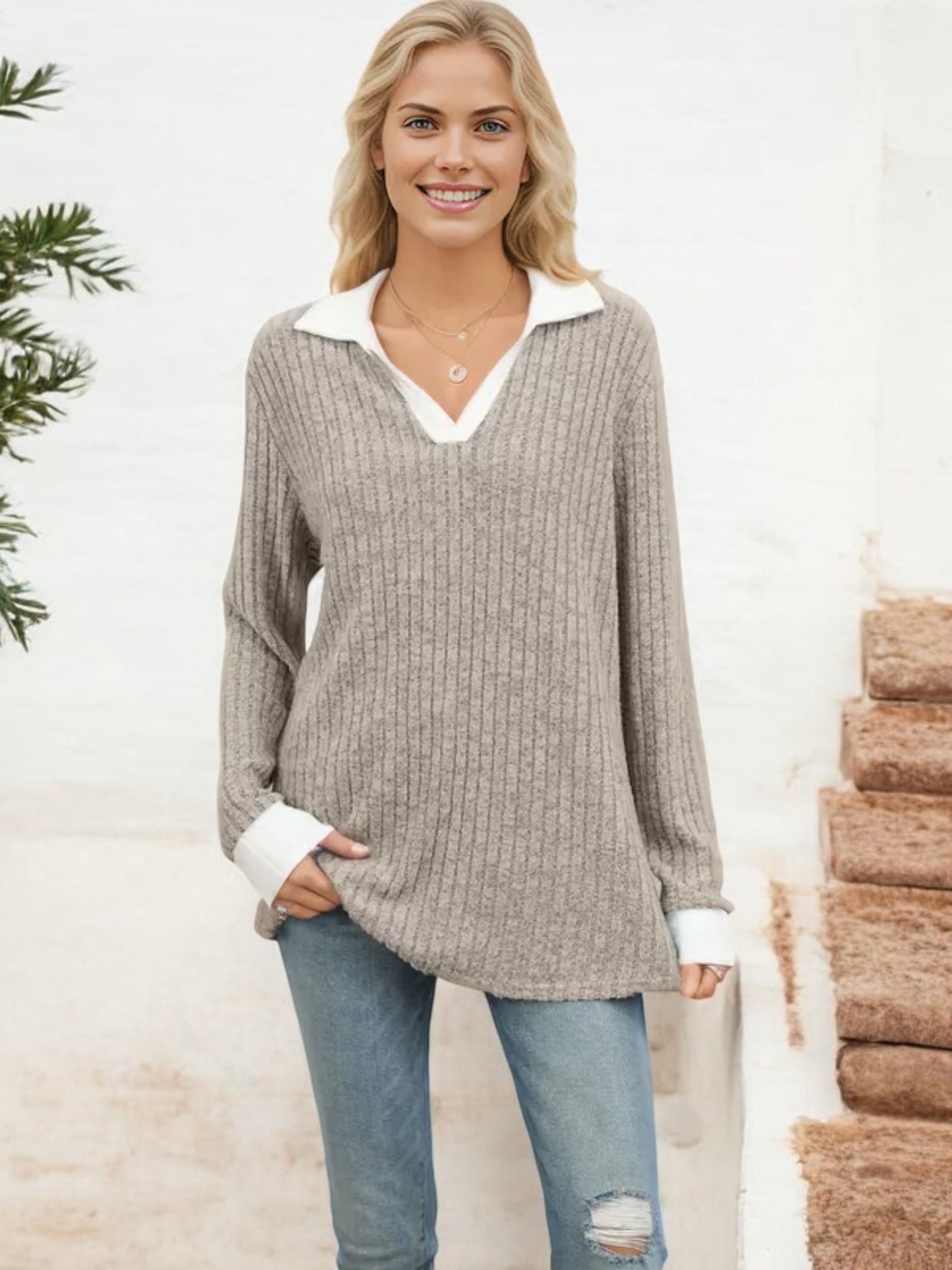 Collared Ribbed Knit Sweater with Contrast Trim Cuffs