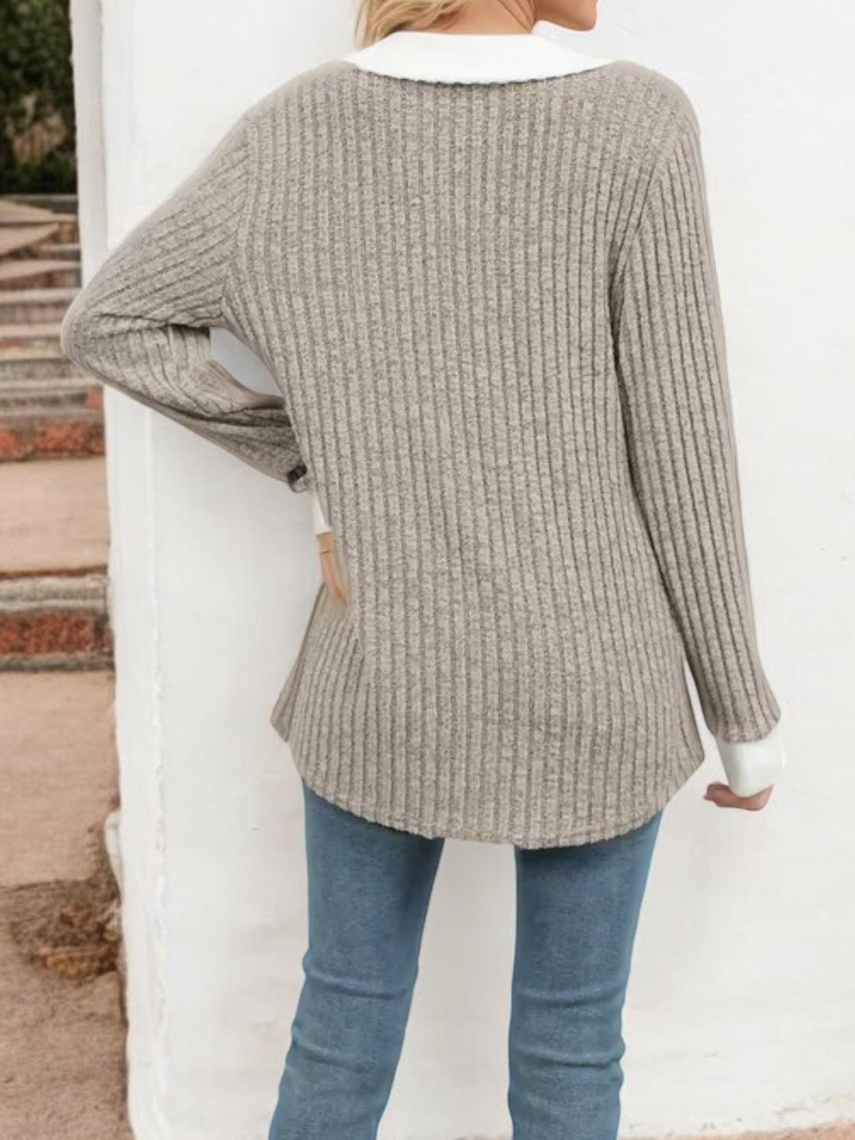 Collared Ribbed Knit Sweater with Contrast Trim Cuffs