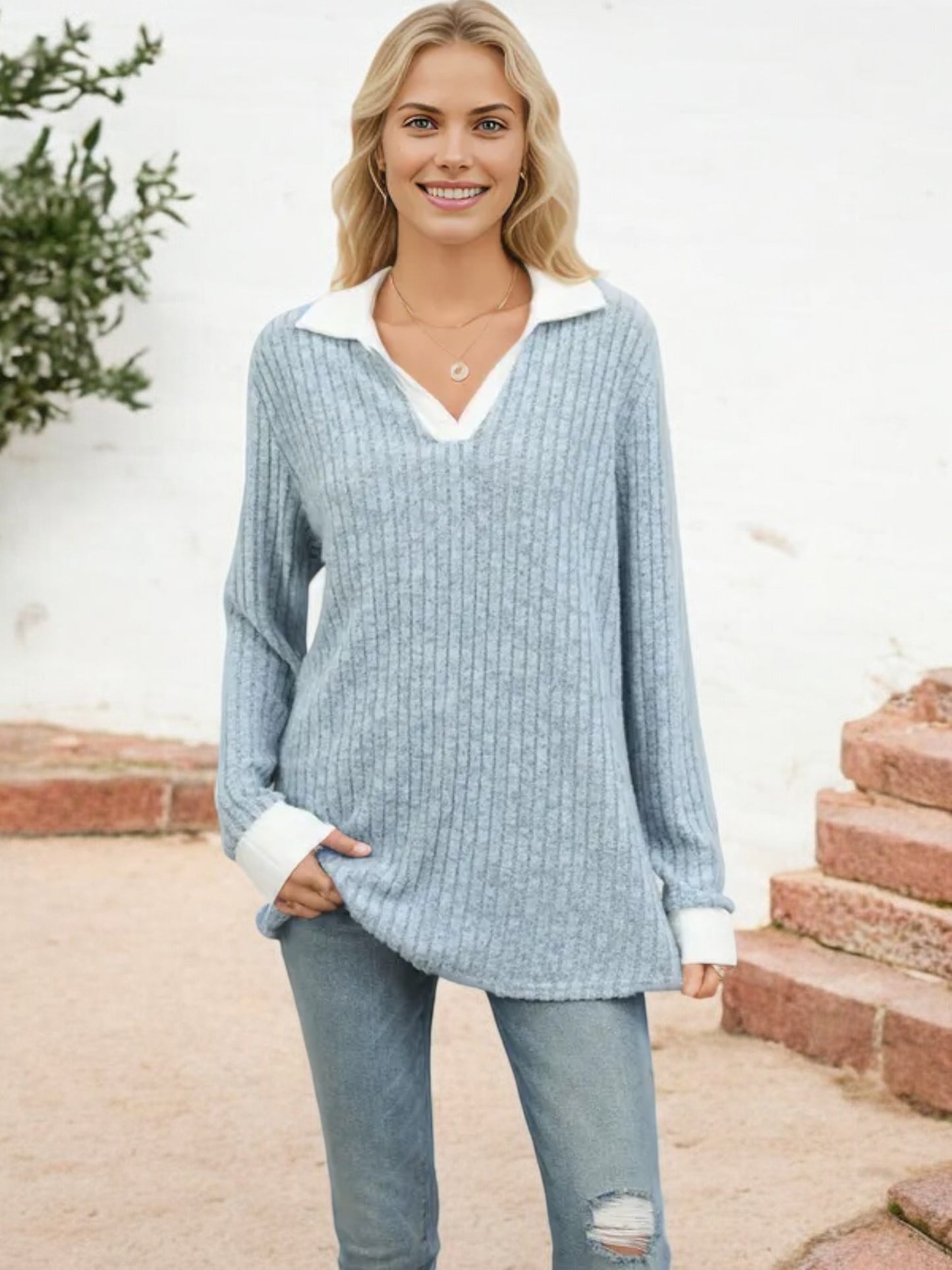 Collared Ribbed Knit Sweater with Contrast Trim Cuffs