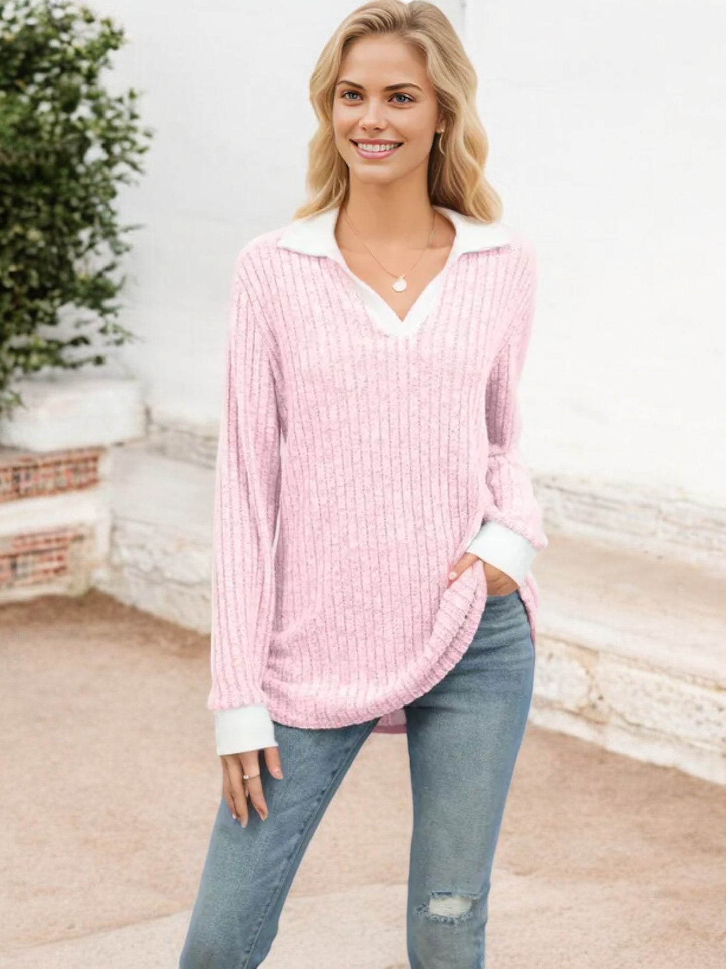 Collared Ribbed Knit Sweater with Contrast Trim Cuffs